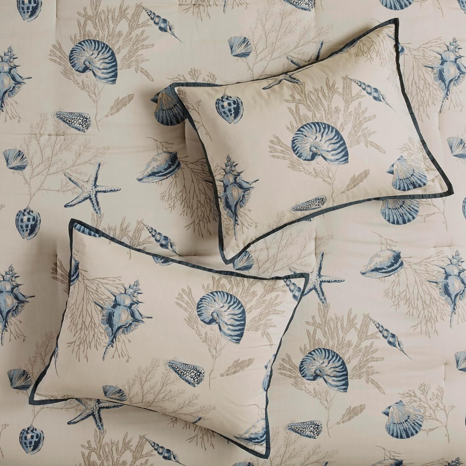Madison Park 100% Cotton Comforter Set - Coastal Coral, Starfish Design All Season Down Alternative Cozy Bedding with Matching Shams, Decorative Pillow, Queen(90'x90'), Taupe 7 Piece