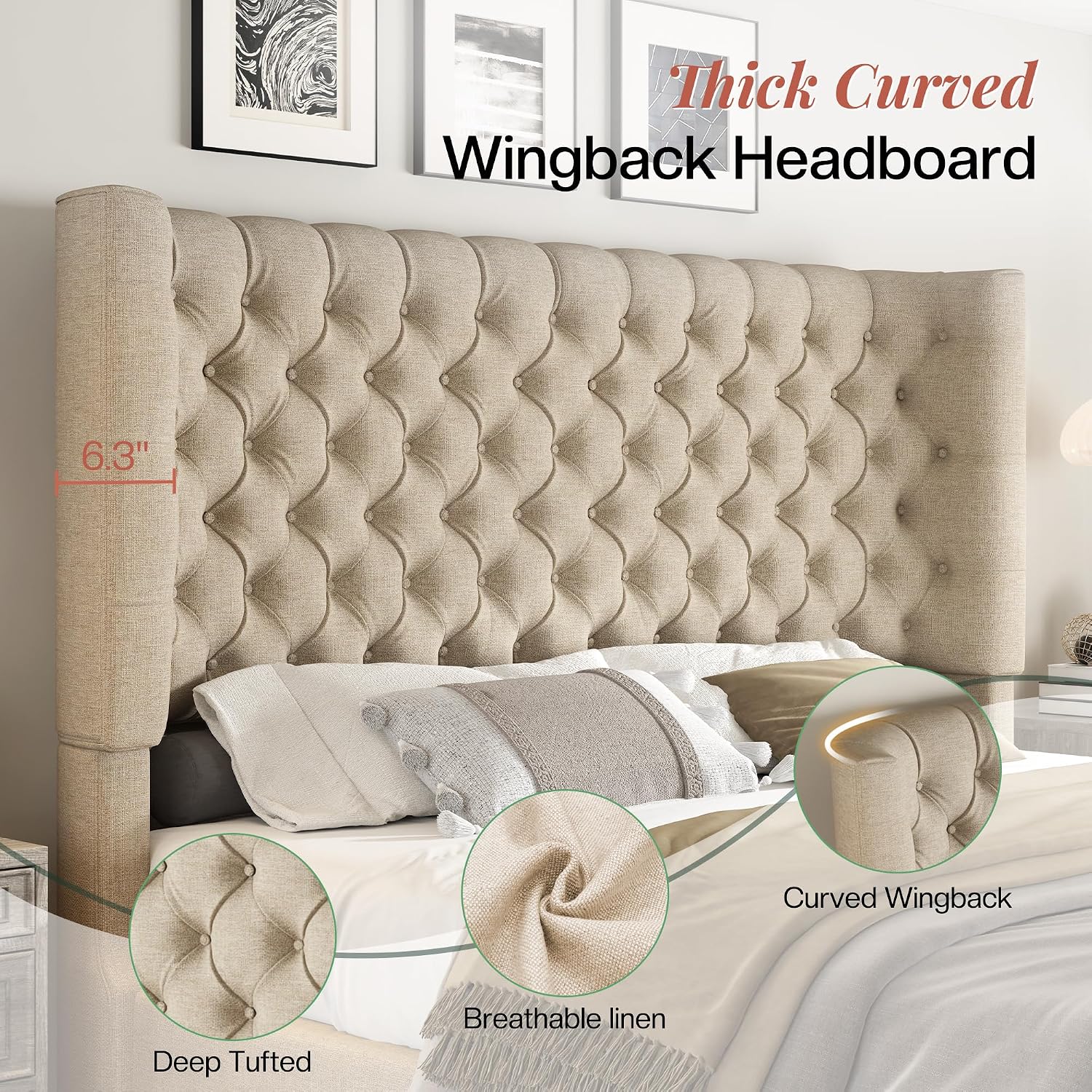 Jocisland King Size Platform Bed Frame, 6.3' Thick Upholstered Curved Wingback Headboard and Footboard with Deep Button Tufted, Easy Assembly, No Box Spring Needed, Khaki Linen