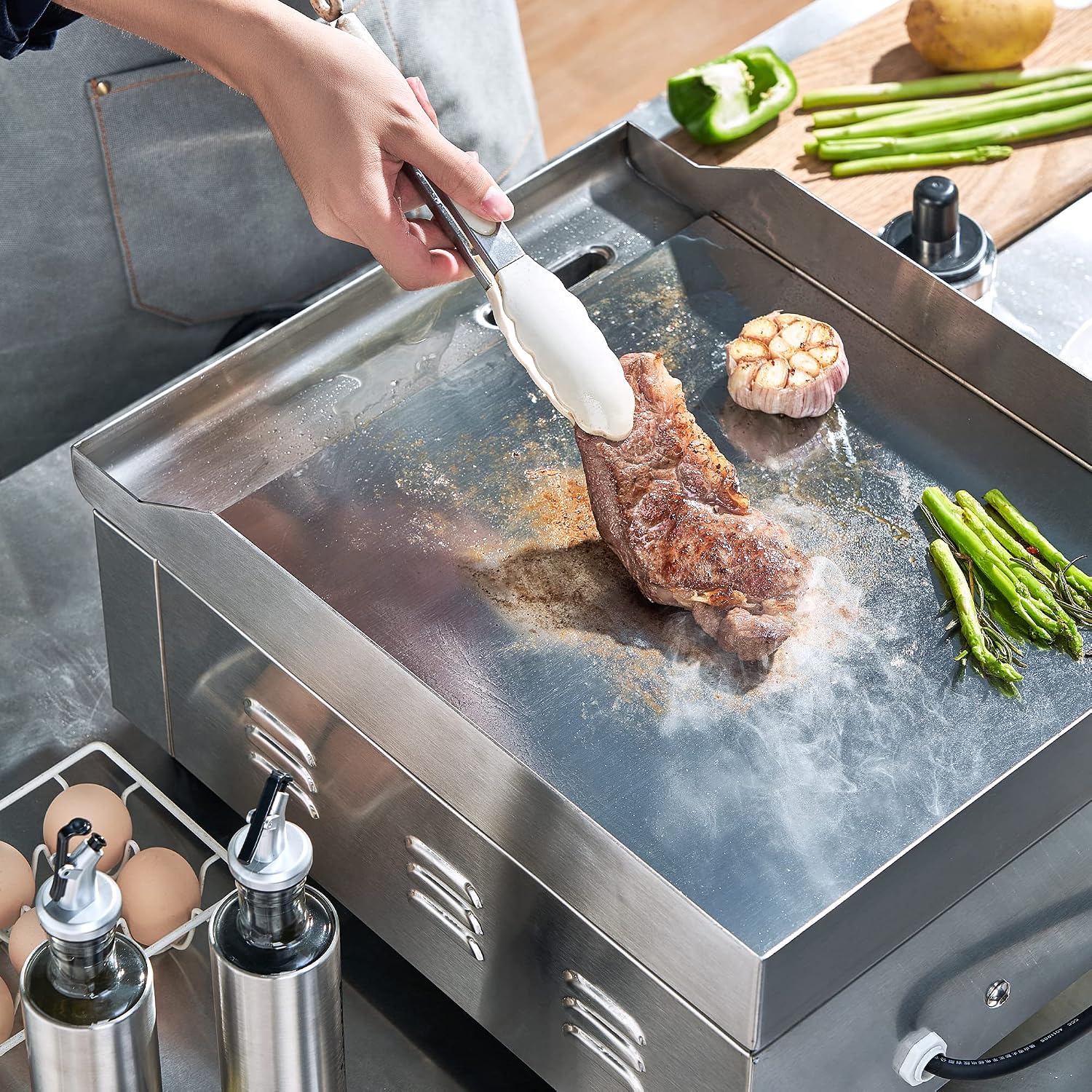 EGGKITPO 14 Inch Electric Griddle 120V 1800W, Non-Stick Flat Top Grill Commercial Electric Countertop Griddles Stainless Steel Adjustable Temperature Control 90℉-575℉ for Home or Restaurant Use