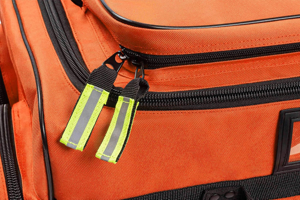 Scherber Fully Stocked First Responder Ultimate Professional EMT/EMS Trauma Kit | HSA/FSA Approved | w/10+ Compartments, Zippered Pockets, Dividers, Oxygen Access & 260+ First Aid Supplies (Orange)