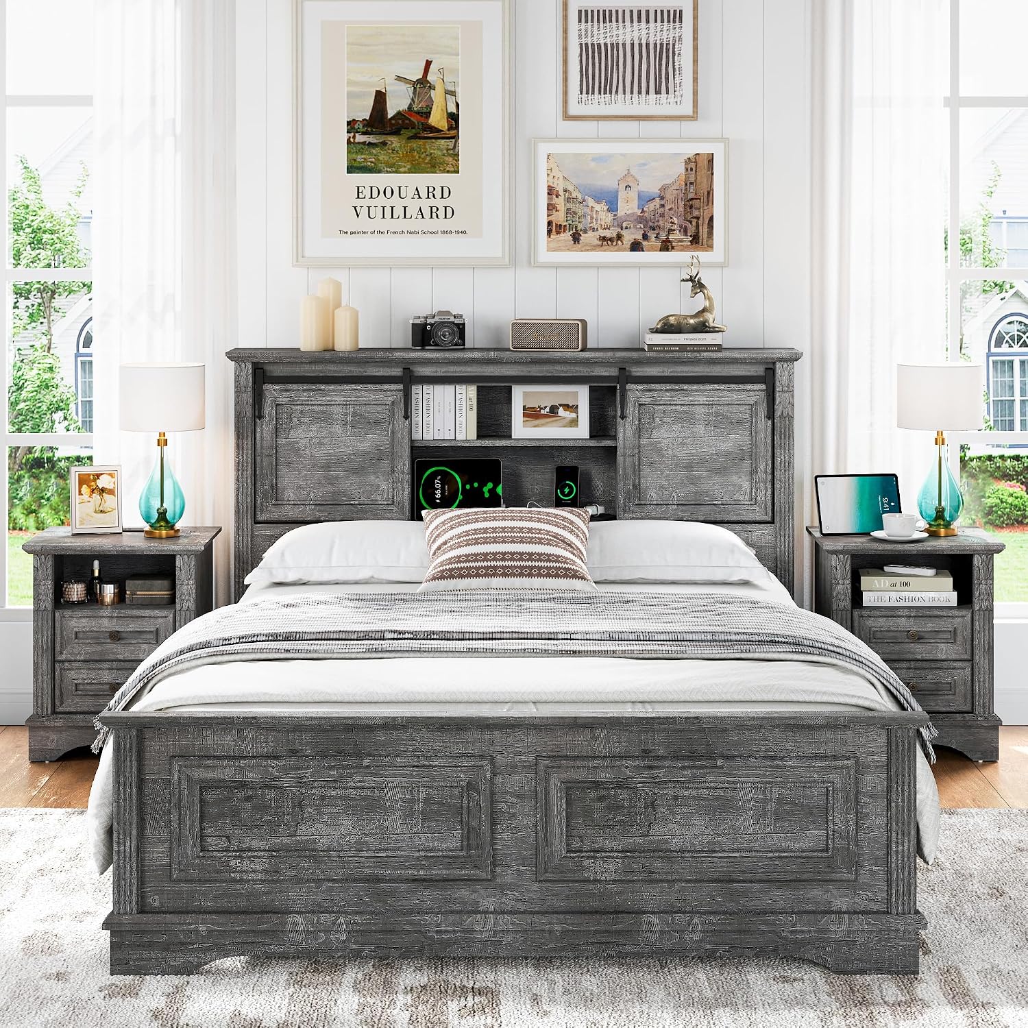 BOSHIRO Farmhouse Queen Size Bed Frame with Storage Bookcase Headboard, Wood Platform Bed Frame w/Charging Station, Bracket Footboard, 2 Large Sliding Barn Doors, No Box Spring Needed - Light Gray+