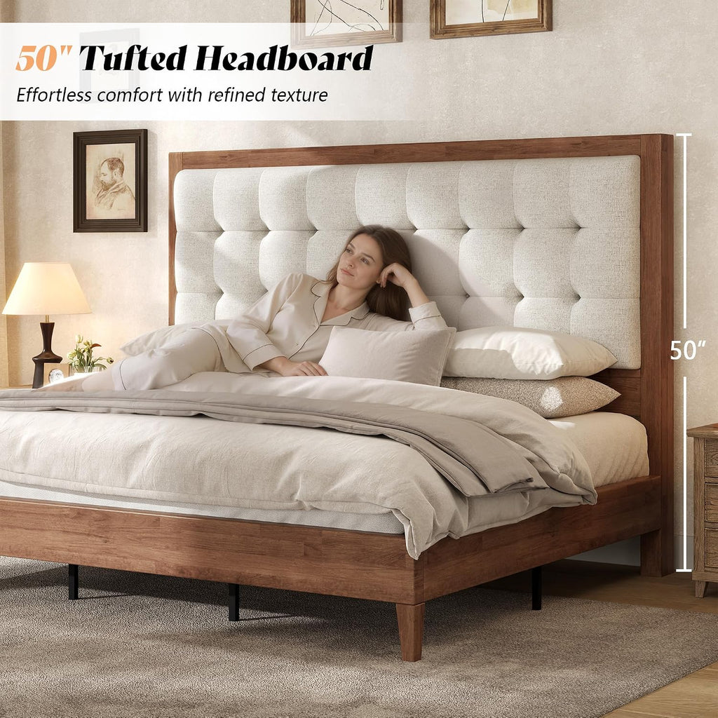 AMERLIFE Queen Bed Frame with Headboard, Solid Wooden Bed Frame Queen Size Platform Bed Mid-Century Style, No Box Spring Required, Walnut