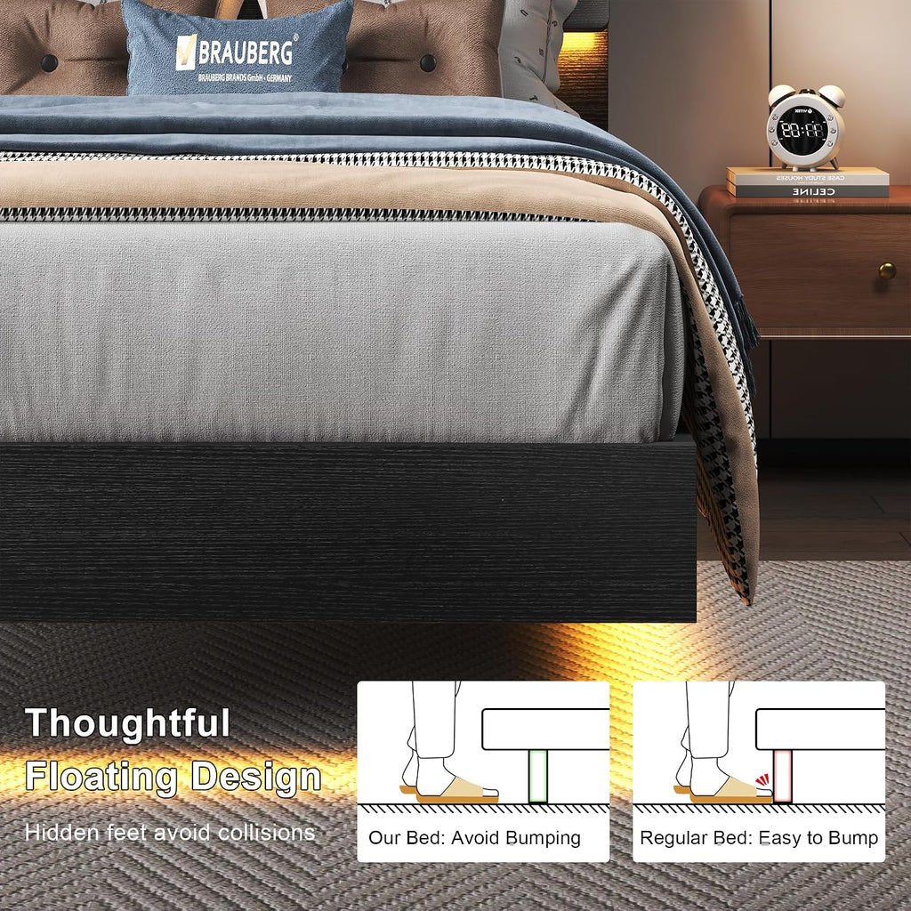 Feonase Twin Floating Bed Frame with Led Lights and Charging Station, Wood Twin Size Bed Frame with Storage Headboard, Heavy Duty Metal Slats, No Box Spring Needed, Easy Assembly, Black
