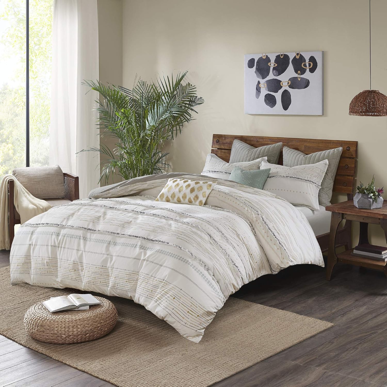 INK+IVY Luxurious Cotton-Bedding Set - Mid Century Trendy Geometric Design, All Season Cozy-Cover With Matching-Shams, King/Cal King, Nea Trims Grey/Multi