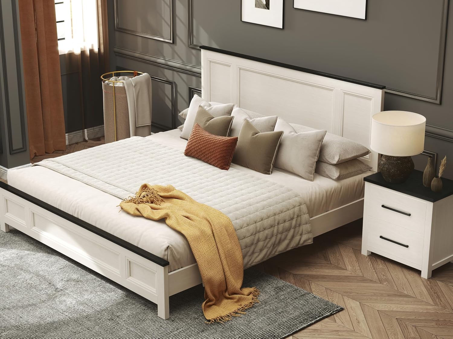 Roundhill Furniture Realynn 3-Piece Wood Bedroom Set, King Size Panel Bed with 2 Nightstands, Off-White Finish