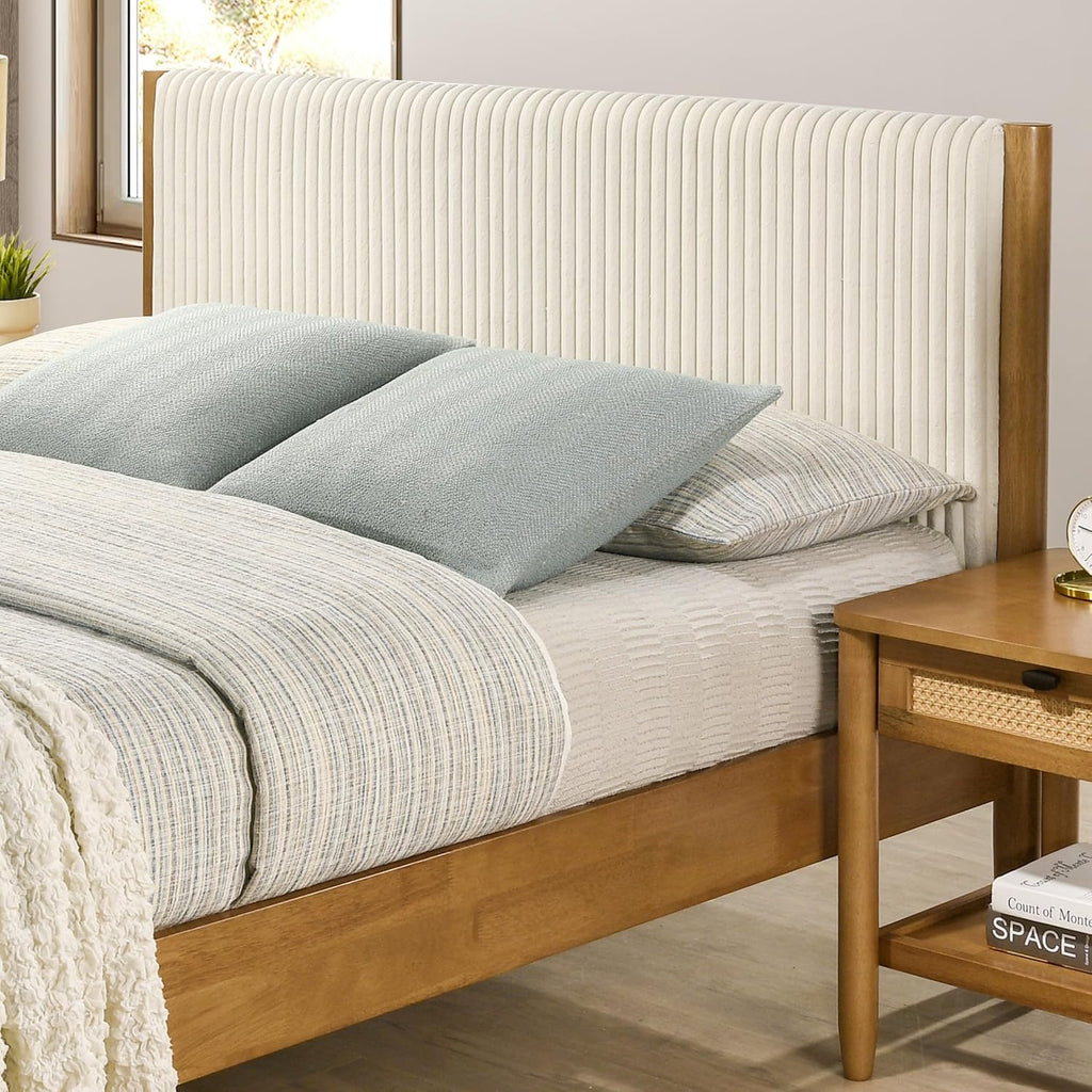 Roundhill Furniture Vichy 5-Piece Rubberwood Bedroom Set with Textured Polyester Upholstered Queen Bed, Chest, Dresser, Mirror, and 2 Nightstands