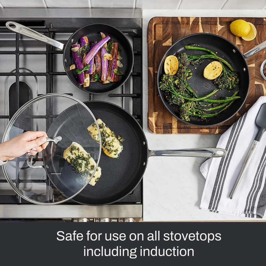 All-Clad HA1 Expert Hard Anodized NonstickFrying Pans Skillets Set with Lids (8', 10' & 12') Dishwasher-Safe, Oven-Safe Up to 500°F Compatible with All Stovetops (Gas, Electric & Induction) - Black