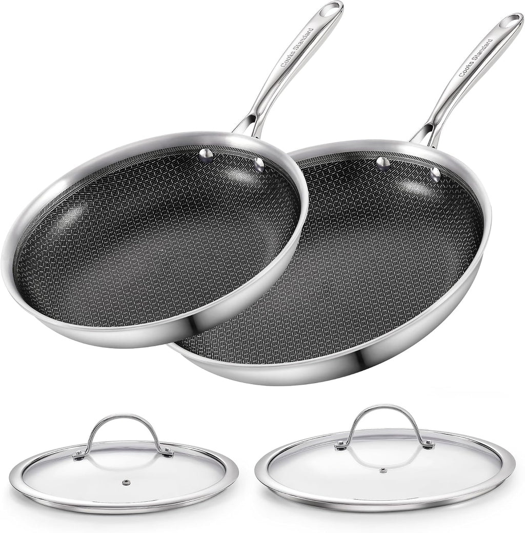 Cooks Standard Hybrid Mutli-Ply Clad 10.5 and 12 Inch Nonstick Frying Pan, Stainless Steel Skillet with Tempered Glass Lids, Cool Handle, Oven Safe, Compatible with All Stovetops, 2-Piece