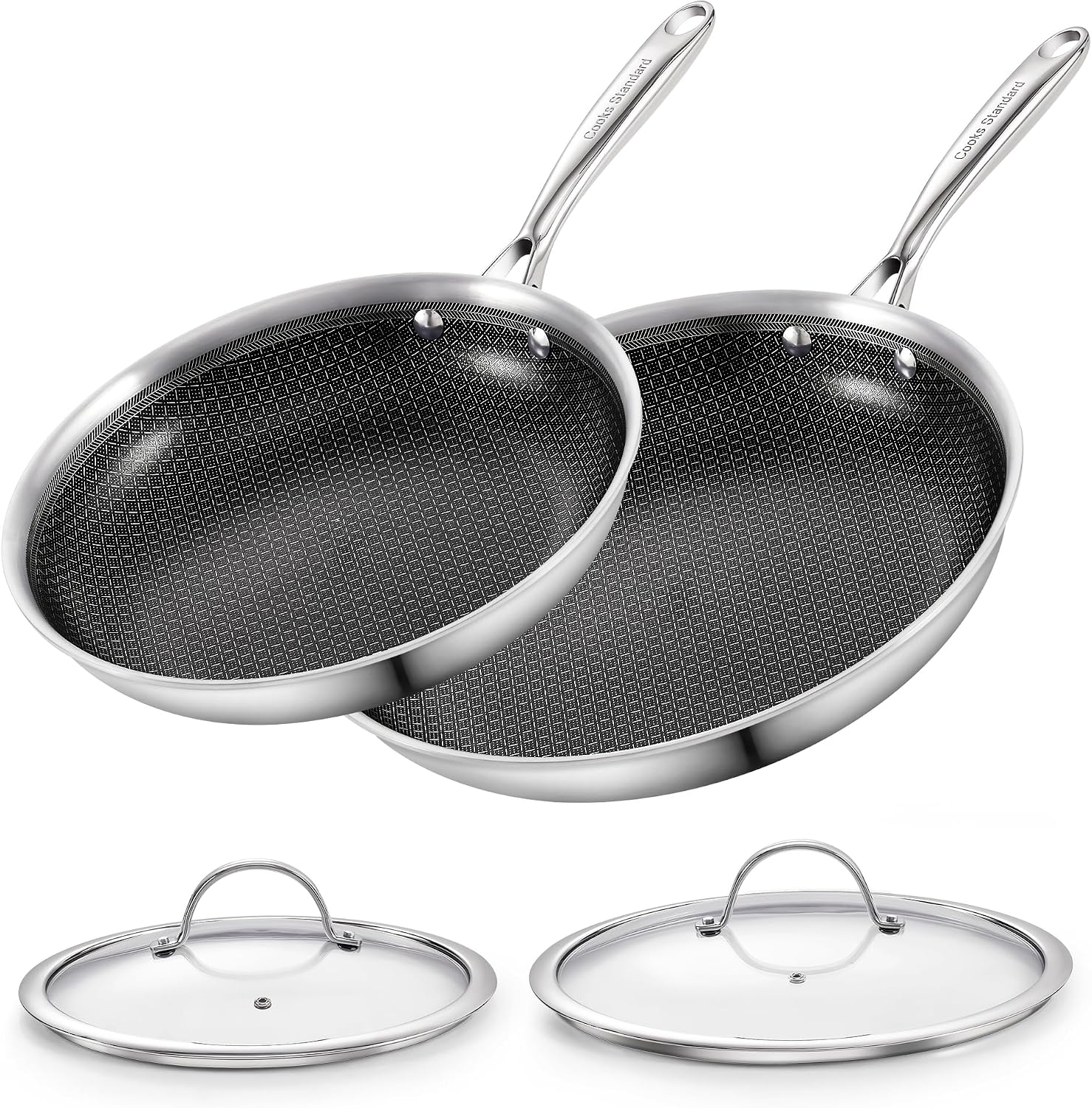 Cooks Standard Hybrid Mutli-Ply Clad 10.5 and 12 Inch Nonstick Frying Pan, Stainless Steel Skillet with Tempered Glass Lids, Cool Handle, Oven Safe, Compatible with All Stovetops, 2-Piece