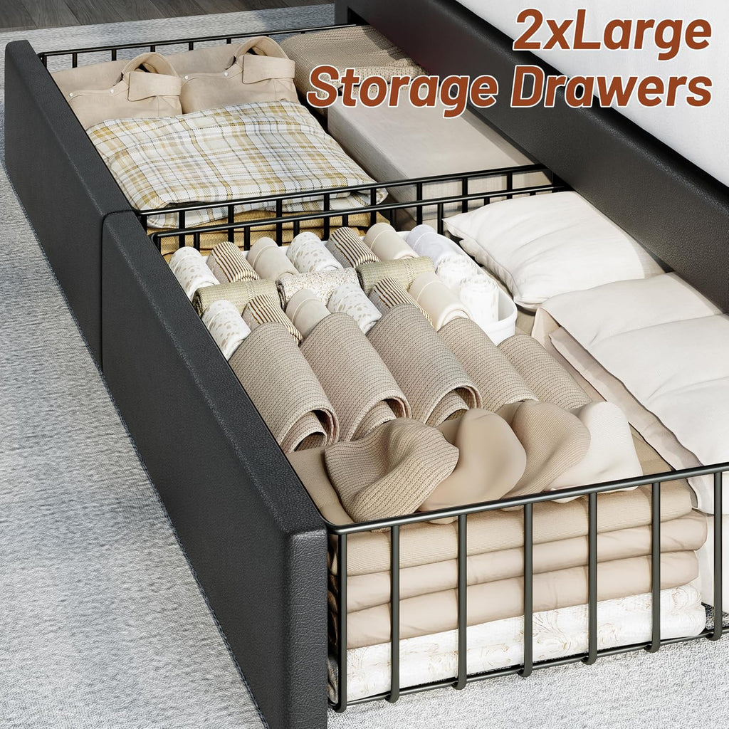 CypBed Full Upholstered Platform Bed Frame with Storage Headboard, USB & Type-C Charging Ports, 4 Drawers, Solid Wood Slats, No Box Spring Needed, Black,Gifts