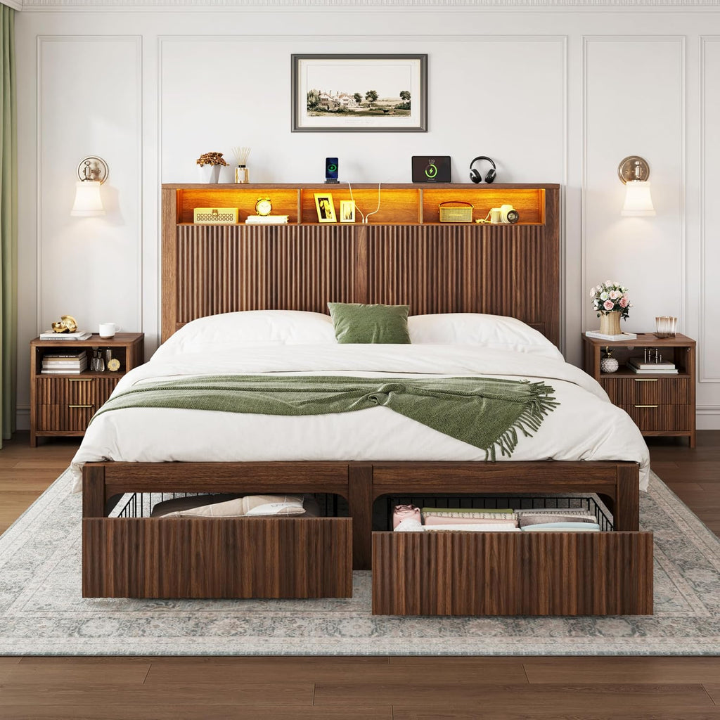 CypBed Queen Size Bed Frame with Headboard and Storage Drawers, Queen Bed Frame with LED Light and Charging Port, Farmhouse Wavy Wood Design, Wood & Metal Platform, Noise-Free, No Box Spring Needed