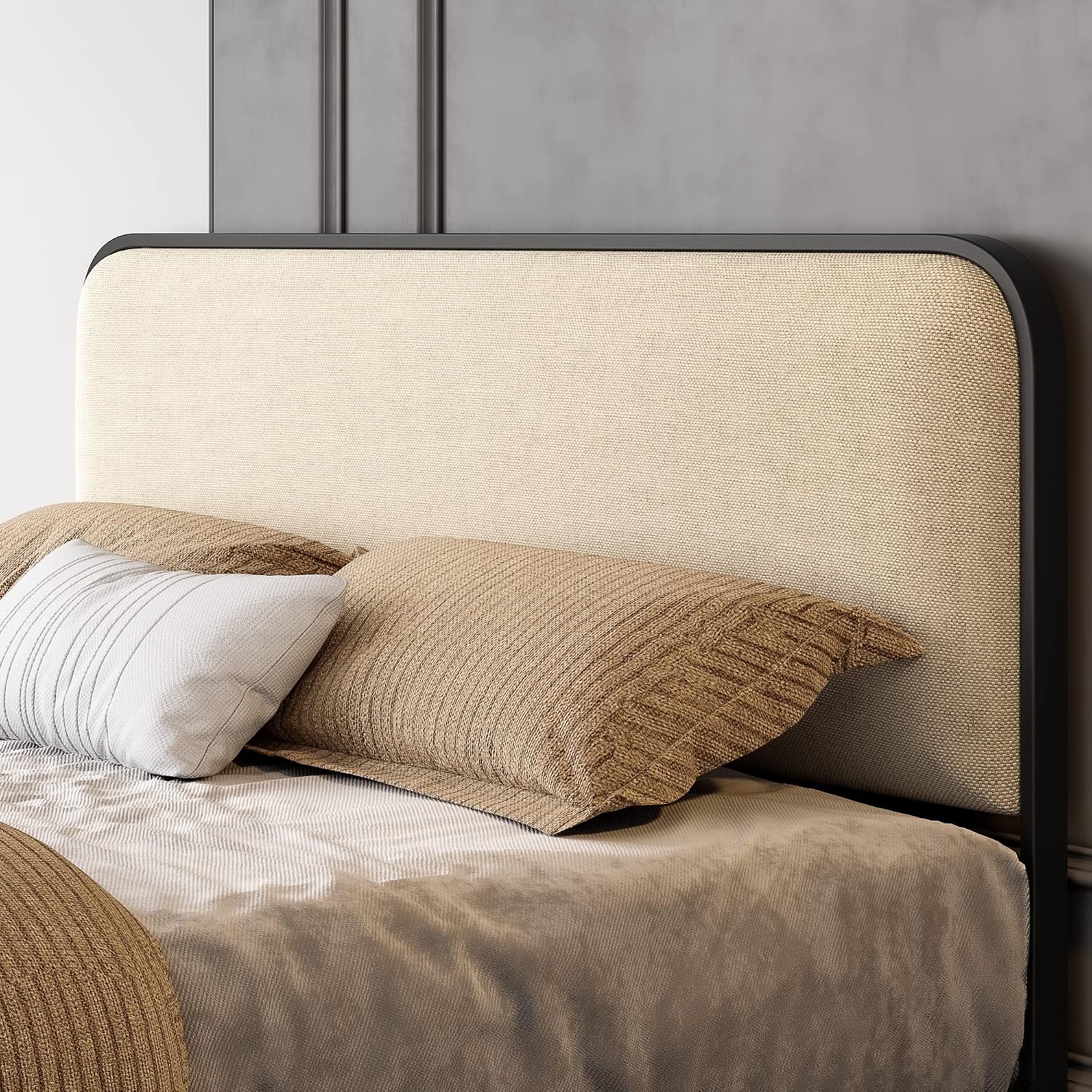 SHA CERLIN Full Size Platform Metal Bed Frame with Curved Upholstered Headboard and Footboard, Large Under Bed Storage, No Box Spring Needed, Modern, Beige