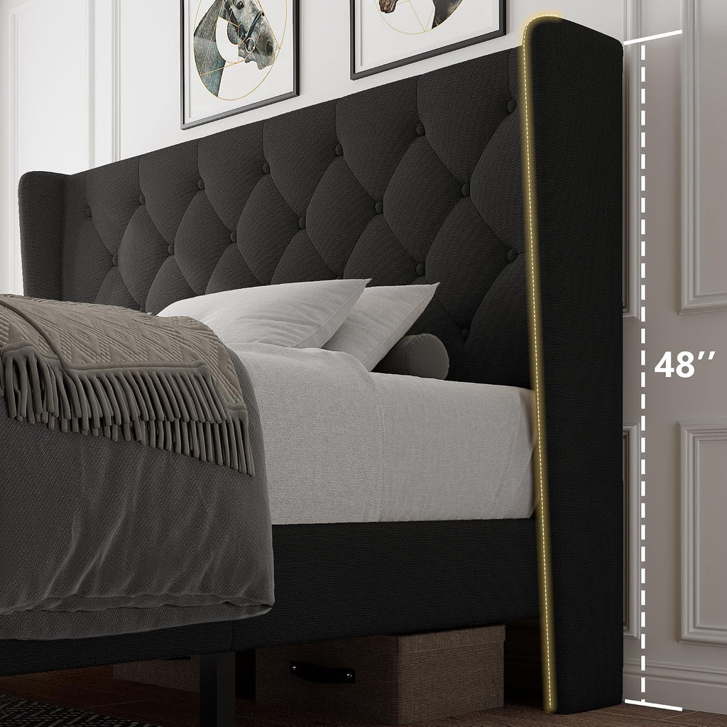 iPormis Full Size Platform Bed Frame with Button Tufted Headboard, Upholstered Bed Frame with Solid Wooden Slats, 8' Underbed Space, No Box Spring Needed, Noise Free, Easy Assembly, Black