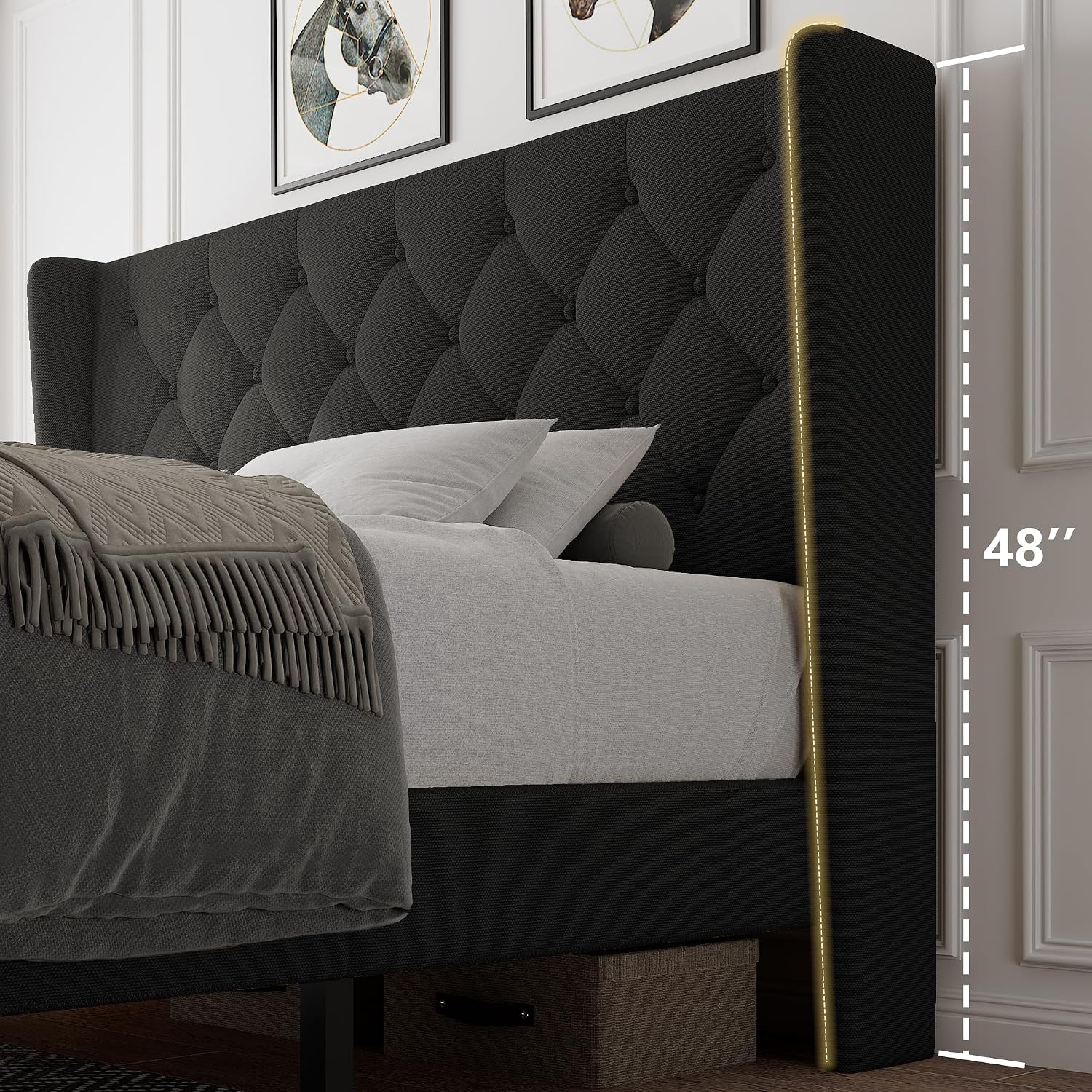 iPormis Full Size Platform Bed Frame with Button Tufted Headboard, Upholstered Bed Frame with Solid Wooden Slats, 8' Underbed Space, No Box Spring Needed, Noise Free, Easy Assembly, Black