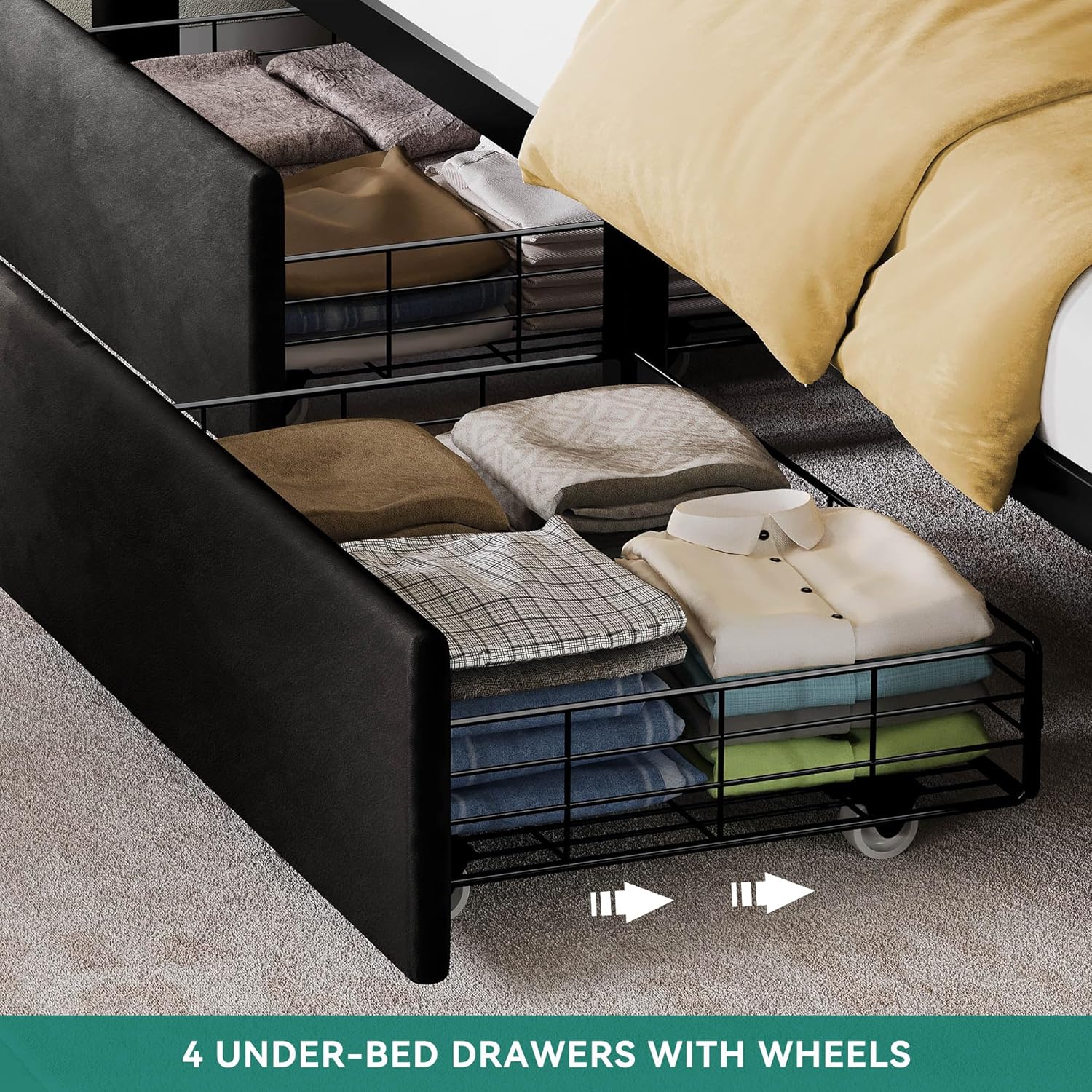 YITAHOME Queen Size Bed Frame with 4 Drawers and RGB LED Lights, Velvet Upholstered Platform Bed with Charging Station and Storage Headboard, No Box Spring Needed, Easy Assembly, Black