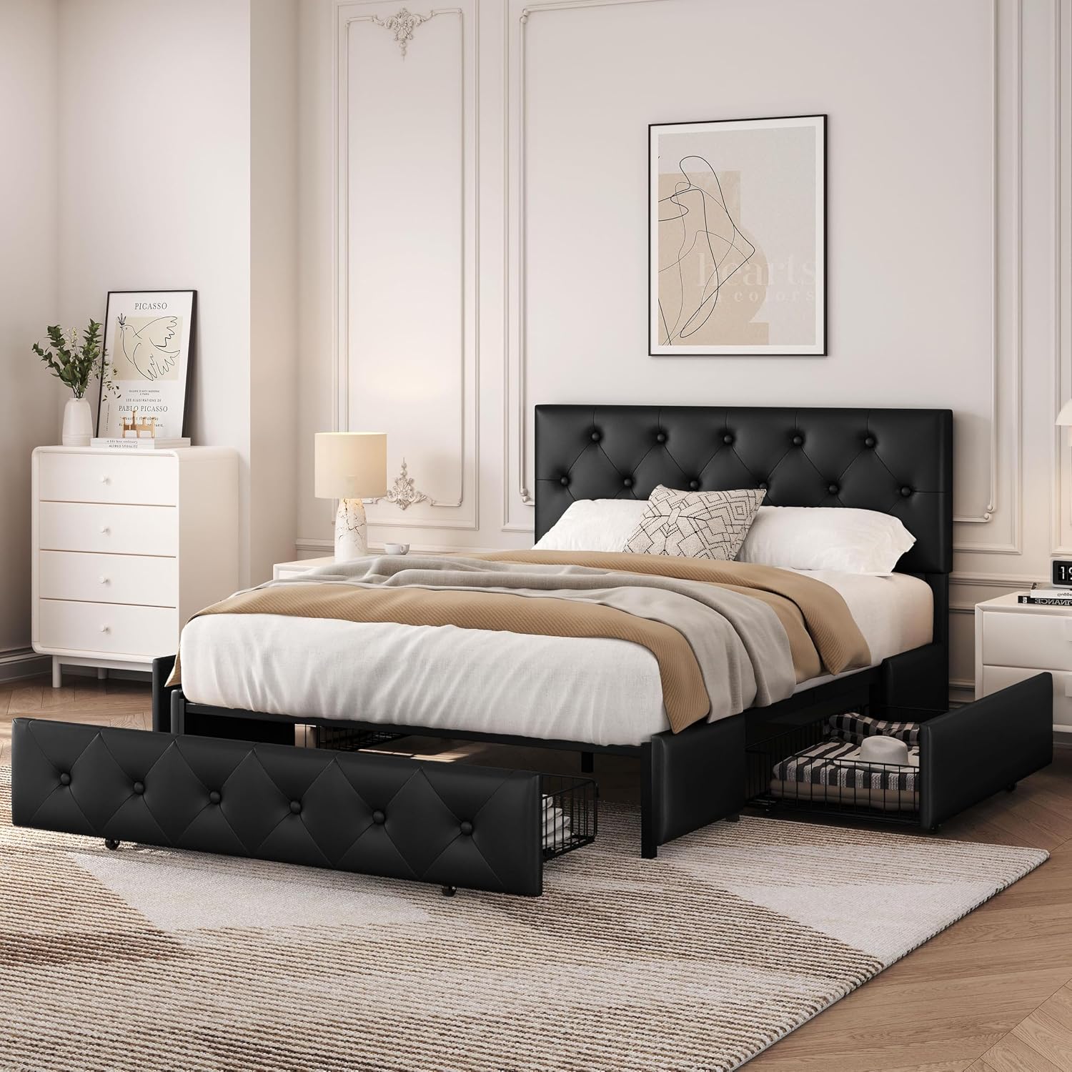 Yaheetech Full Bed Frame Upholstered Bed Frame with Adjustable Diamond Button-Tufted Headboard/3 Drawers Storage, Full Platform Bed/Strong Wooden Slats, Black Full Bed
