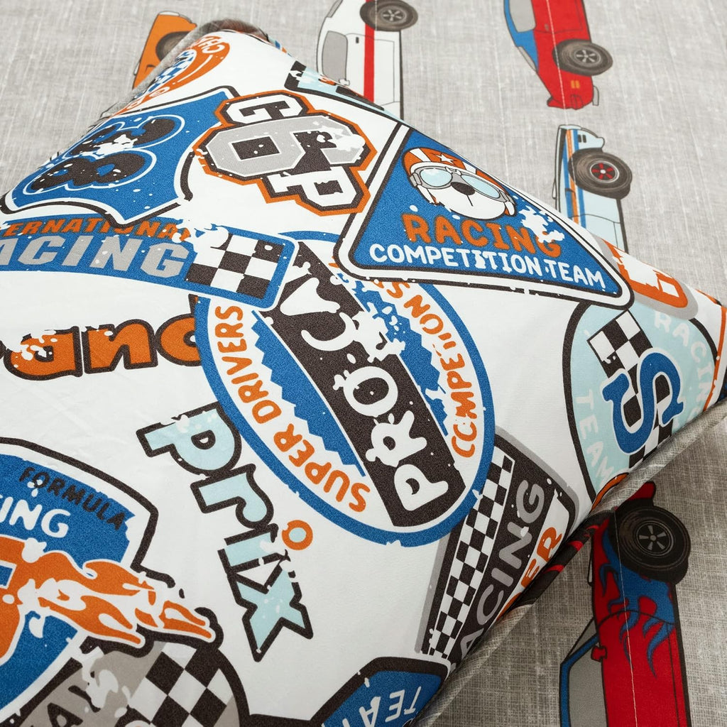 Lush Decor Race Car Kids' 7-Piece Oversized Quilt Bed Set, Reversible Bedding Set for Boys, Blue & Orange, Full/Queen
