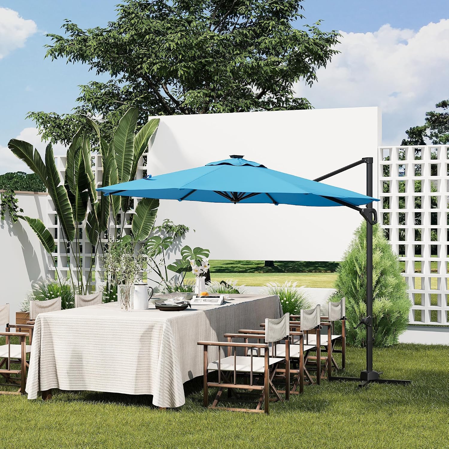 Takywep 10ft Cantilever Patio Umbrella, Outdoor Umbrella 360-degree Rotation, Solar-powered LED lights, Easy-Tilt Mechanism, for Decks, Poolside and Backyard Relaxation