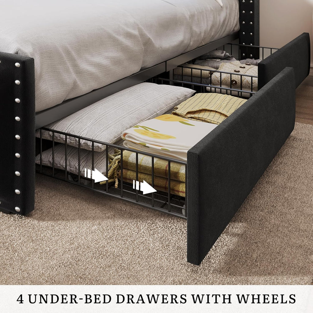YITAHOME King Size Bed Frame with 4 Storage Drawers and RGB LED Lights, Velvet Upholstered Platform Bed with Charging Station and Bookcase Storage Headboard, No Box Spring Needed, Easy Assembly, Black