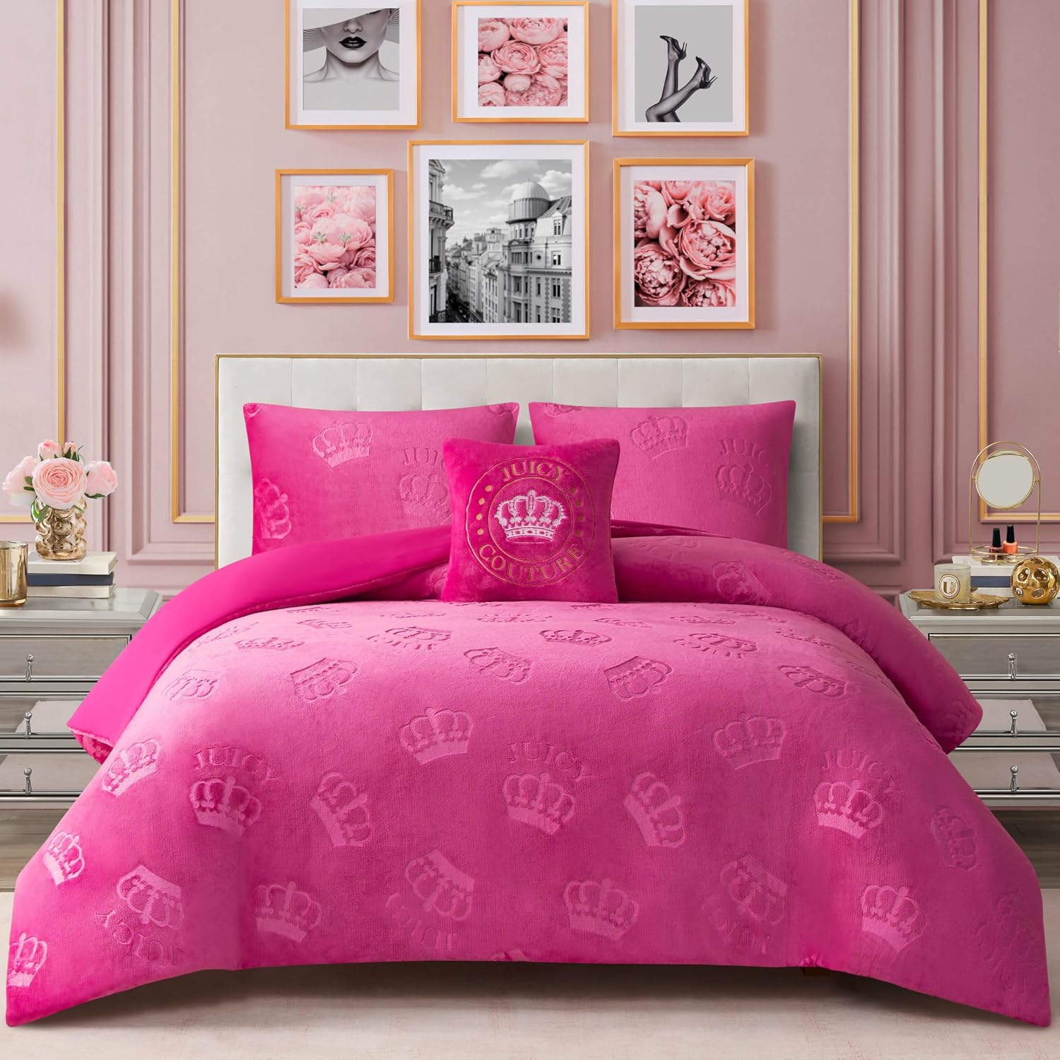 Juicy Couture Plush Reversible Embossed Crown 3-Piece Twin/Twin XL Comforter Set with Decorative Pillow, Hot Pink