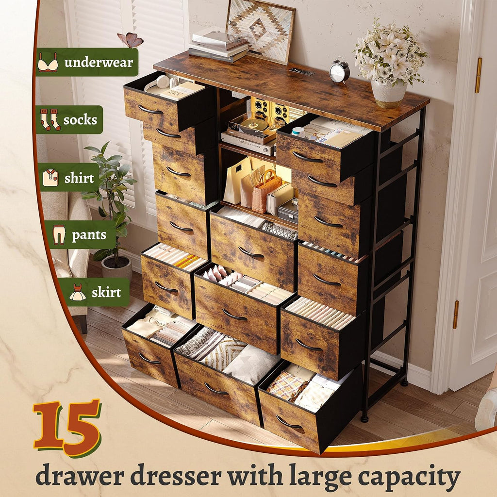 EnHomee 51' H Dresser with 15 Drawers Dresser for Bedroom with Charging Station & LED Lights & Hutch Sturdy Fabric Bedroom Dressers, Steel Frame, Wood Top, Rustic Brown, 51.2' H x 39.3' W x 11.8' D