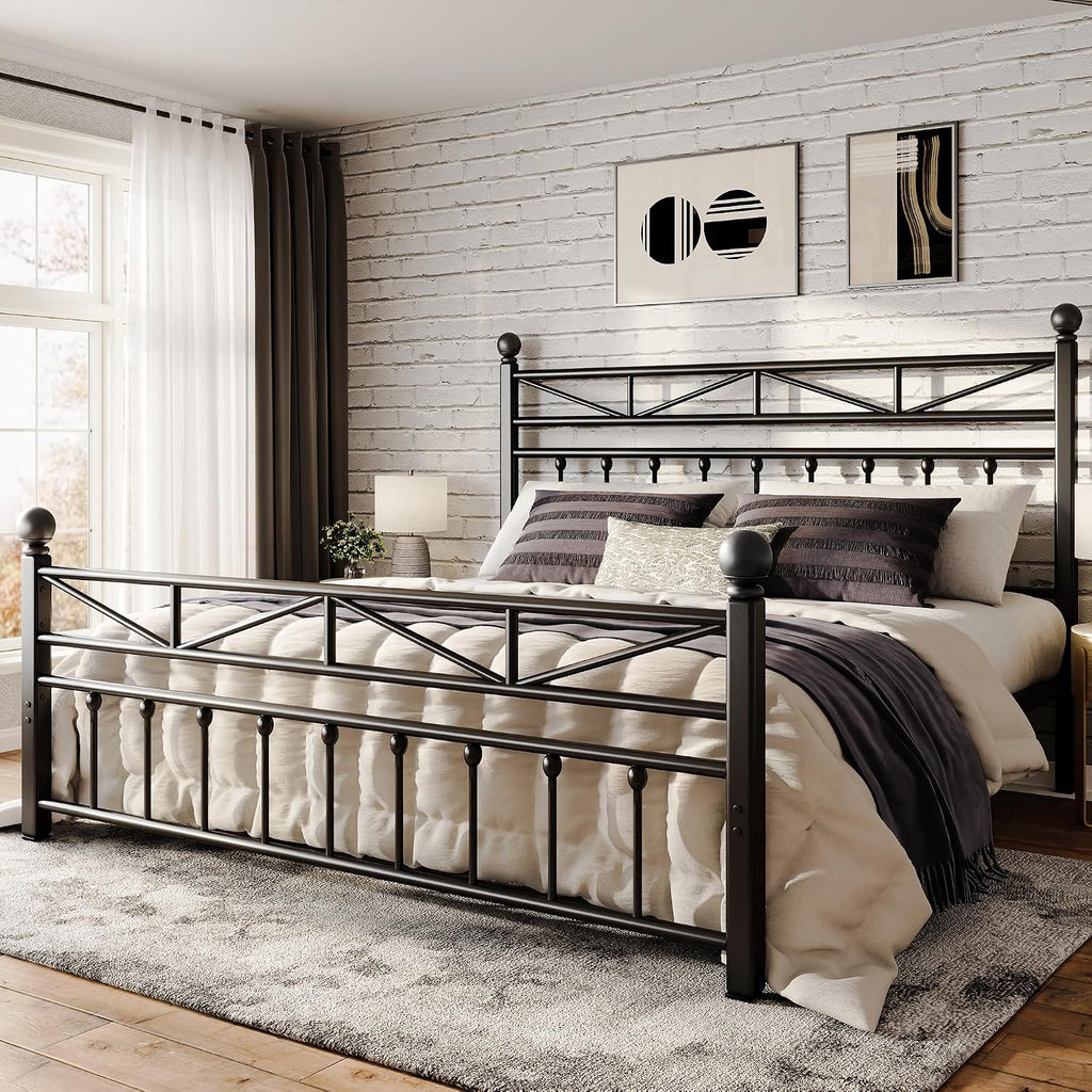 EnHomee 14.2' Metal Full Size Bed Frame with Tall Headboard & Footboard, LED Light Full Bed Frame, Strong Metal Slats Support and Noise-Free Design with Under Bed Storage/No Box Spring Needed/Black