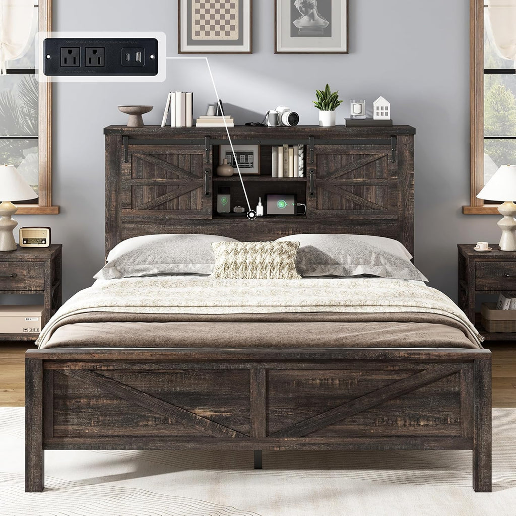 AMERLIFE 4-Piece Farmhouse Bedroom Set in Black Oak, Queen Size Bed Frame with Bookcase Headboard, 5-Drawer Tall Dresser, 47'' Dresser with 4 Drawers, 60' Dresser with 4 Drawers
