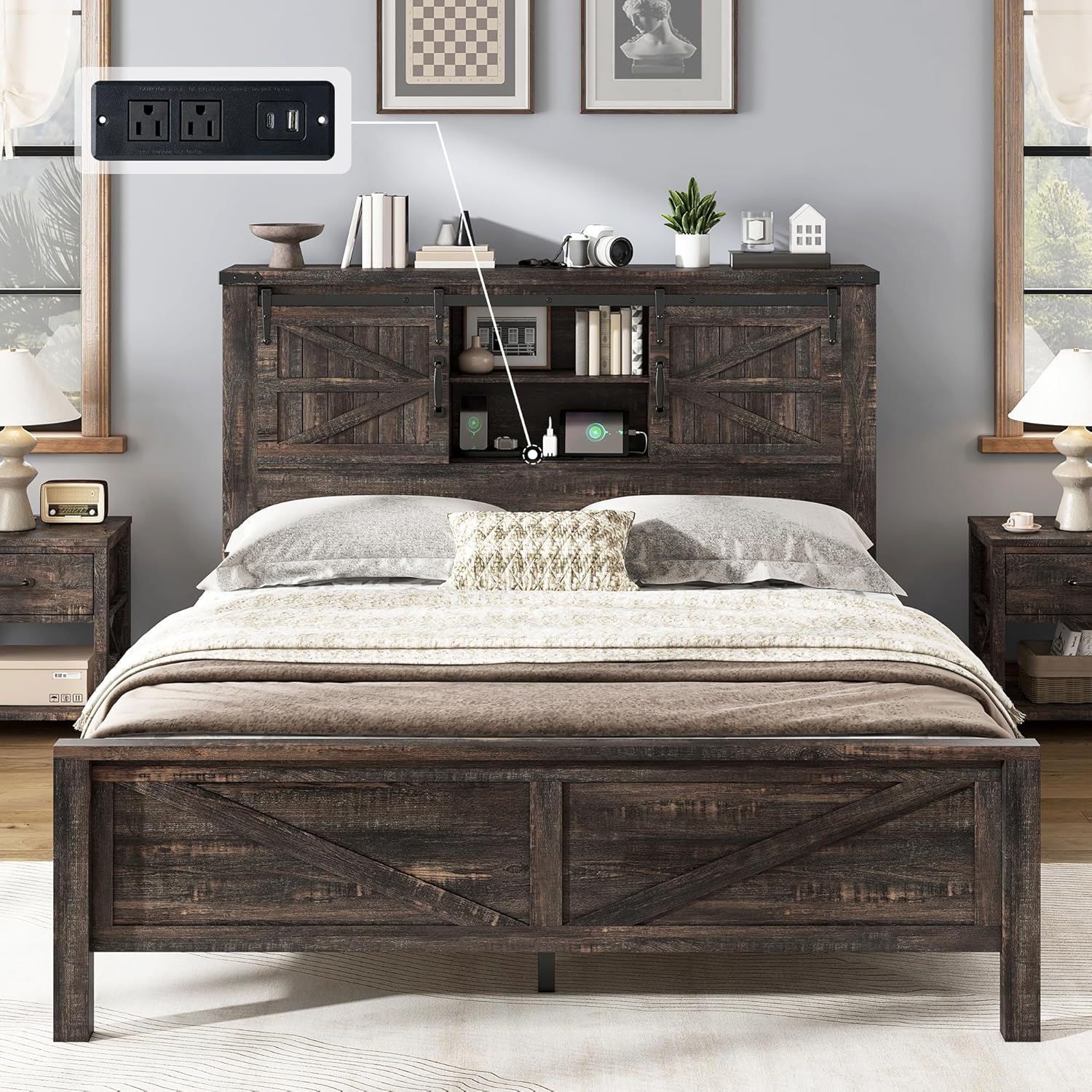 AMERLIFE 4-Piece Farmhouse Bedroom Set in Black Oak, Queen Size Bed Frame with Bookcase Headboard, 5-Drawer Tall Dresser, 47'' Dresser with 4 Drawers, 60' Dresser with 4 Drawers