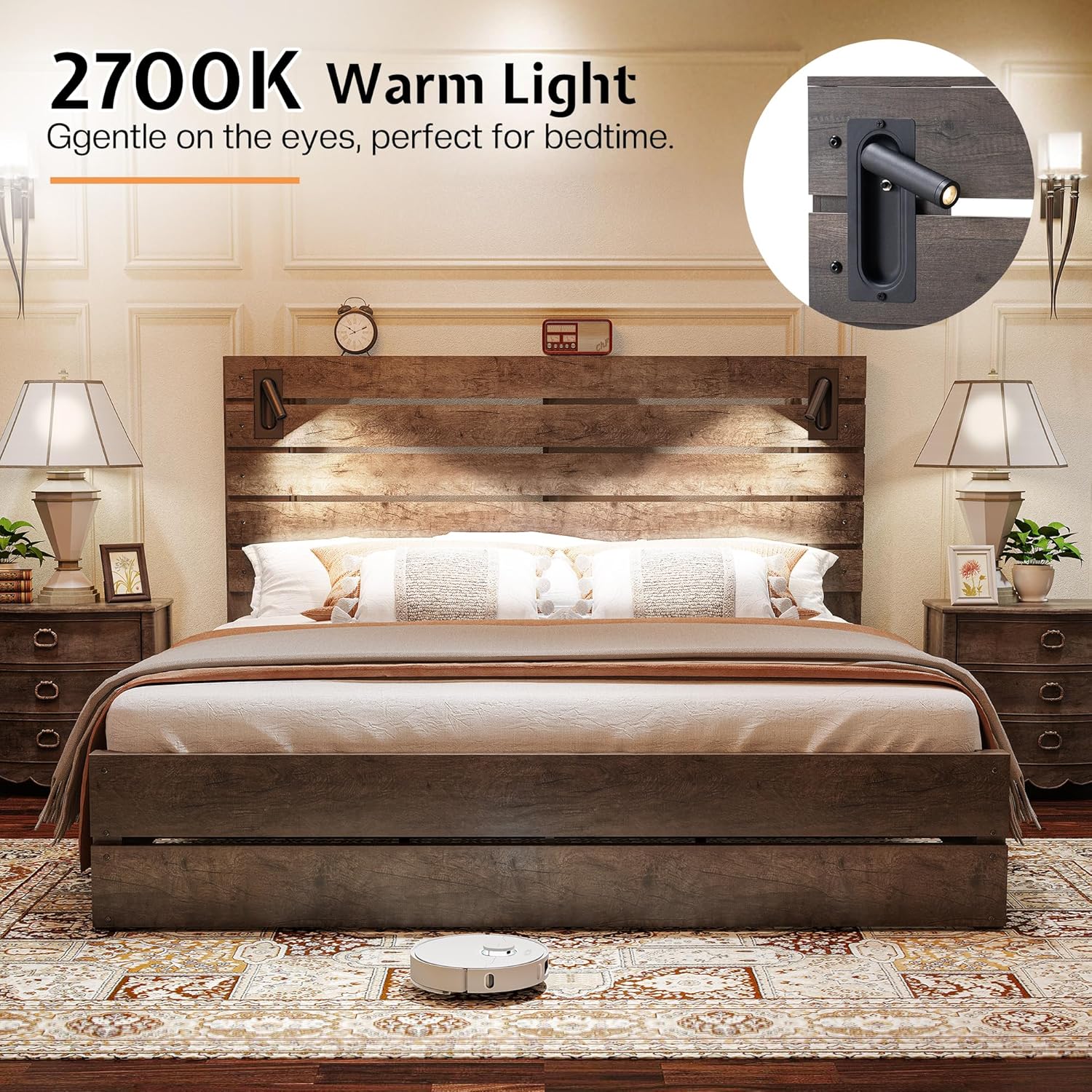 Jocisland King Size Farmhouse Bed Frame with 51' Barn Door Headboard, LED Reading Lights, Platform Bed Frame with Wood Slats, Under Bed Storage Space, Noisy Free, Easy Assembly, Rustic Gray