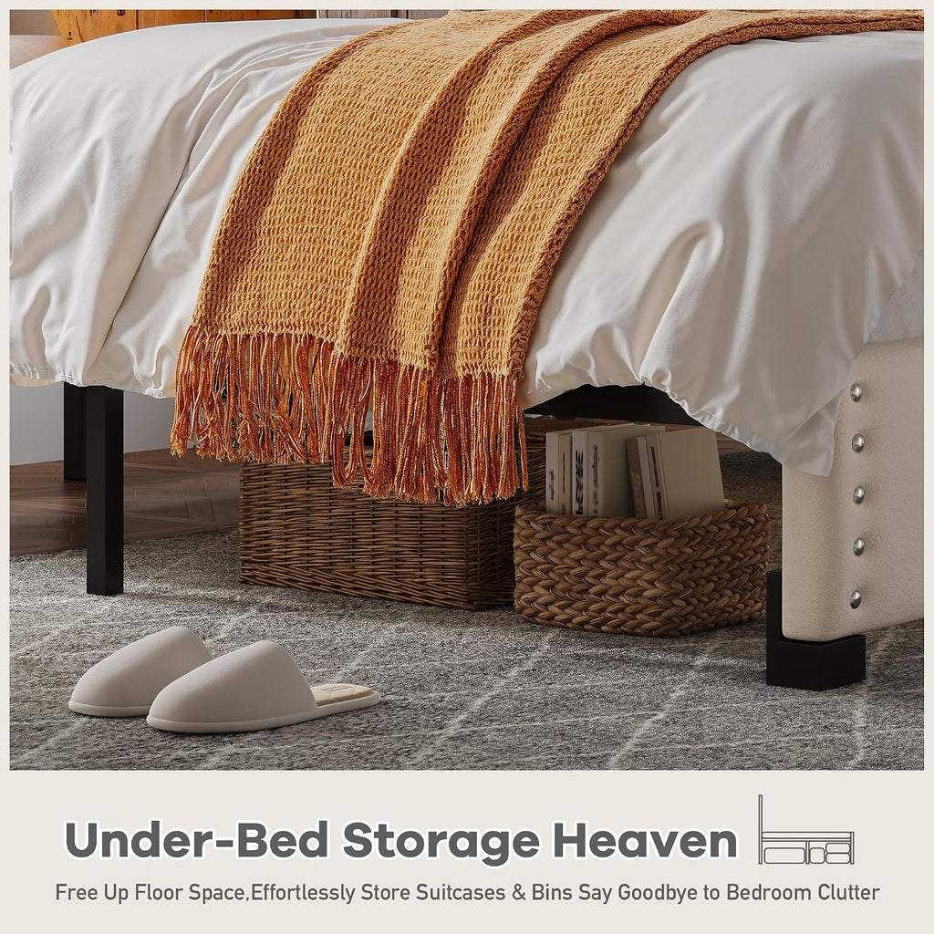 EnHomee Full Size Bed Frame with Velvet Upholstered Adjustable Headboard, LED Lights, and Charging Station for Bedroom, Apartment, and Dorm, No Box Spring Needed, Noise-Free, Easy Assembly, Beige