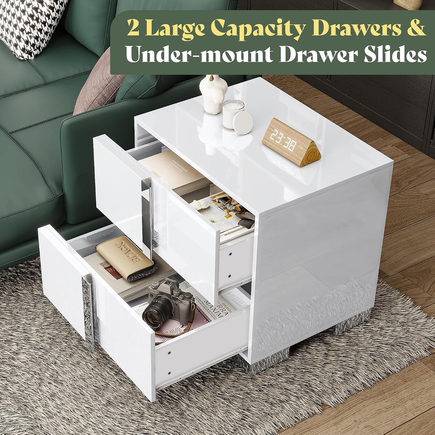AMERLIFE Nightstand Set of 2, 23.6'' Modern End Table with Drawers, High Gloss UV Finish, Electroplated Pull Handle, Bedside Table for Bedroom, White
