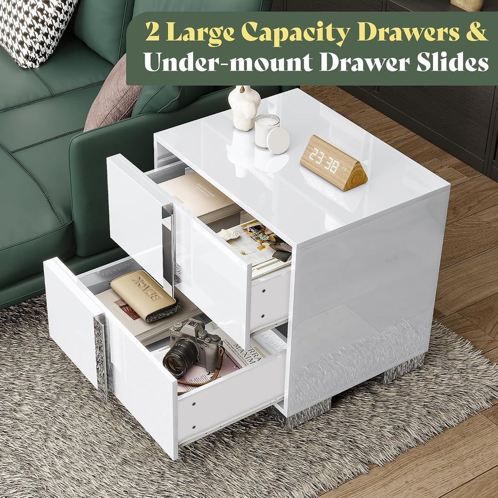 AMERLIFE Nightstand, 23.6'' Modern End Table with Drawers, High Gloss UV Finish, Electroplated Pull Handle, Bedside Table for Bedroom, White