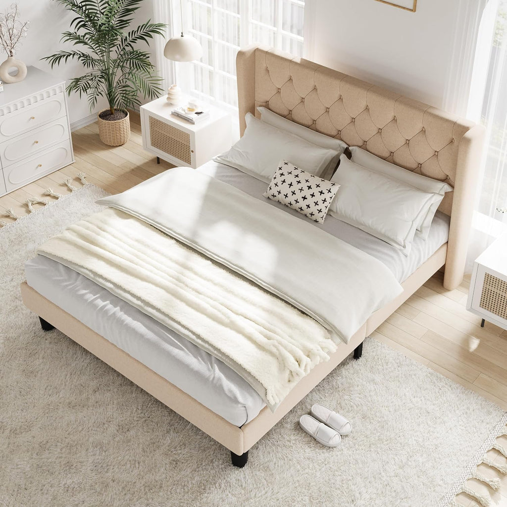 Allewie Queen Size Bed Frame with Button Tufted Wingback Headboard, Modern Upholstered Bed Frame with Solid Wooden Slats Support - No Box Spring Needed, Easy Assembly, Beige