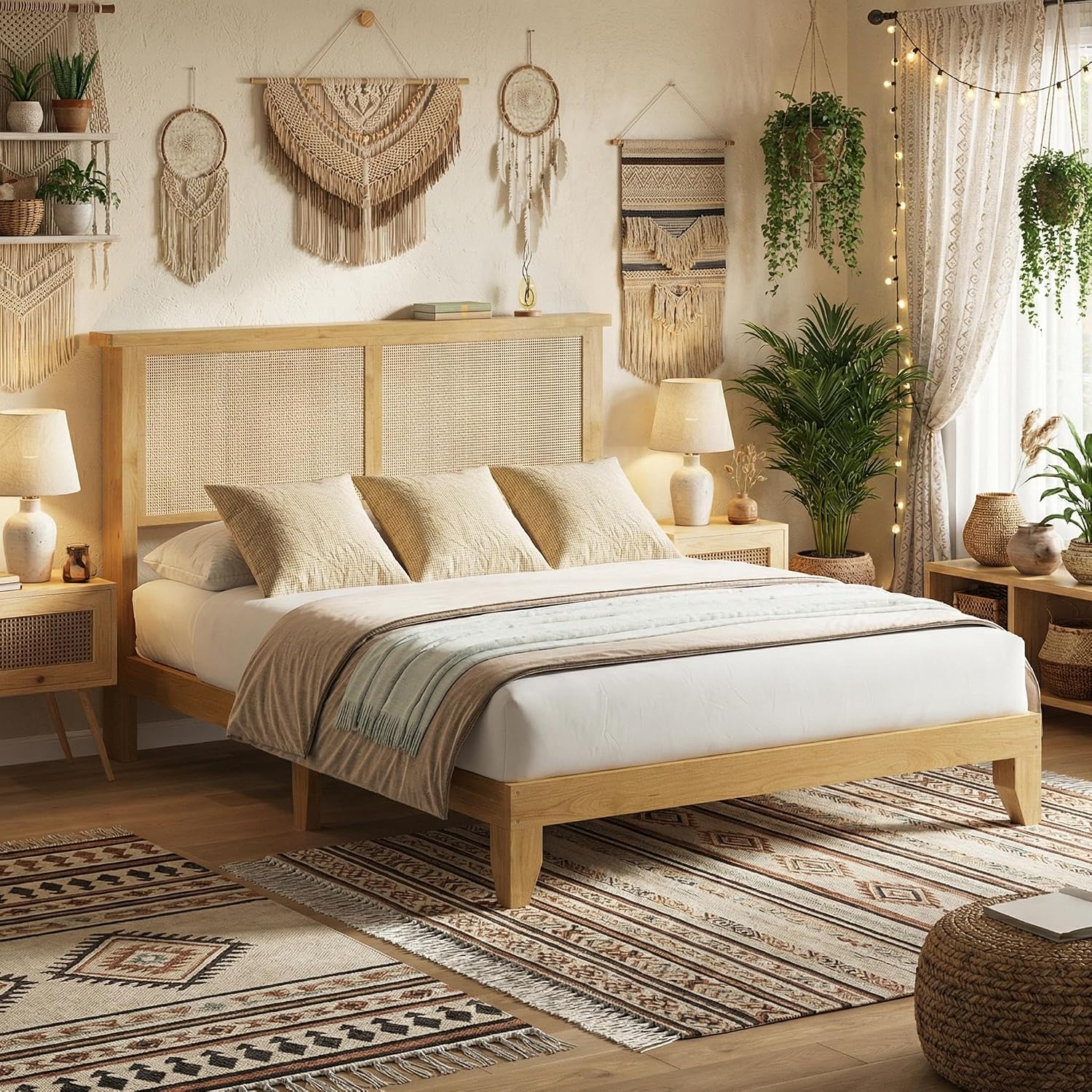 IDEALHOUSE Rattan Bed Frame Full Size with Natural Rattan Headboard & LED Lights, Wood Full Bed Frame with Solid Wood Foundation, No Box Spring Needed, Natural