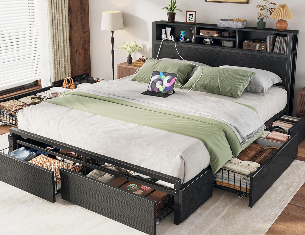 EnHomee Queen Bed Frame with 6 Storage Drawers, Headboard & Charging Station, Noise-Free Metal Platform Bed, No Box Spring Needed,Black