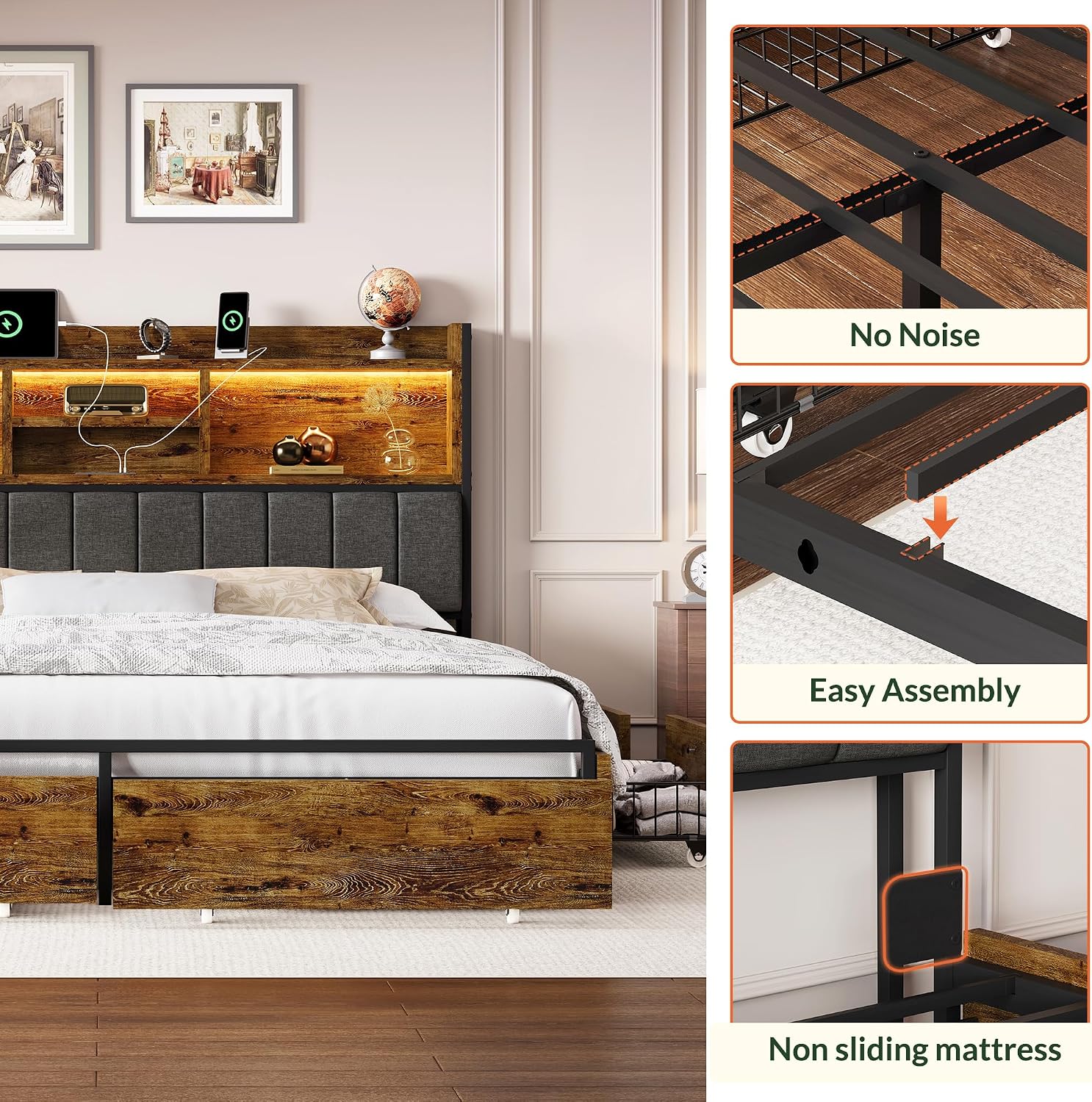 LARMACE Queen Bed Frame with 6 Storage Drawers, Bed Frame Queen Size with Linen Upholstered Headboard, Built in Charging Station and LED, No Noise, Metal Support, No Box Spring Needed,Vintage Brown