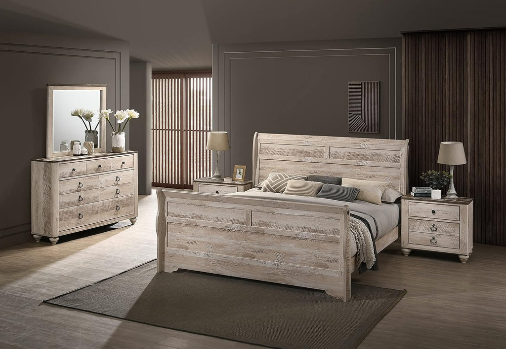 Roundhill Furniture Imerland Contemporary White-wash Finished 5-Piece Sleigh Headboard Bedroom Set, King