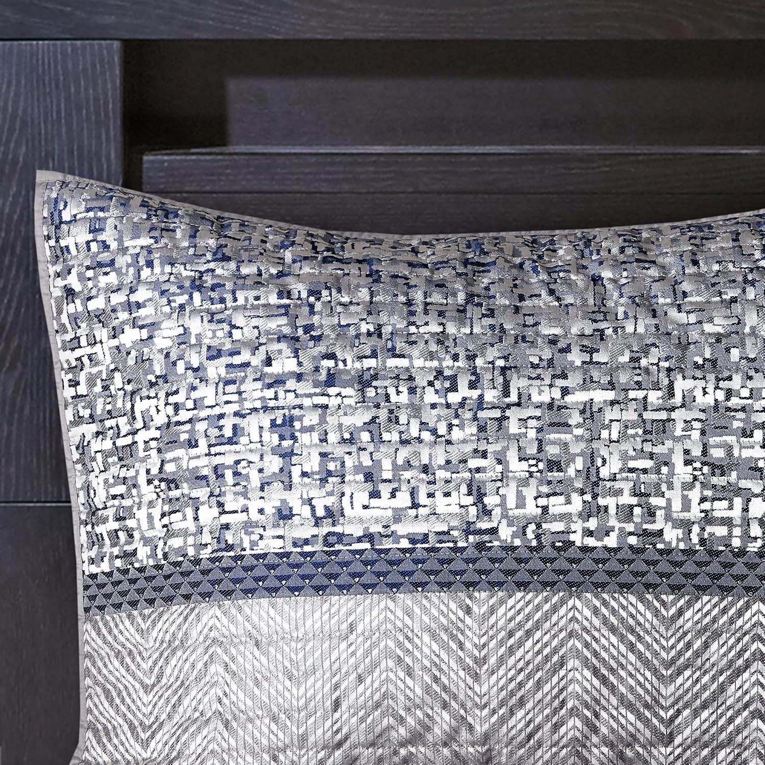 Madison Park King Quilt Set - Lustrous Jacquard & Glitter Accent Coverlet Set for King Size Bed - All Season, Lightweight, Shams, Decorative Pillow, Chevron Grey/Navy