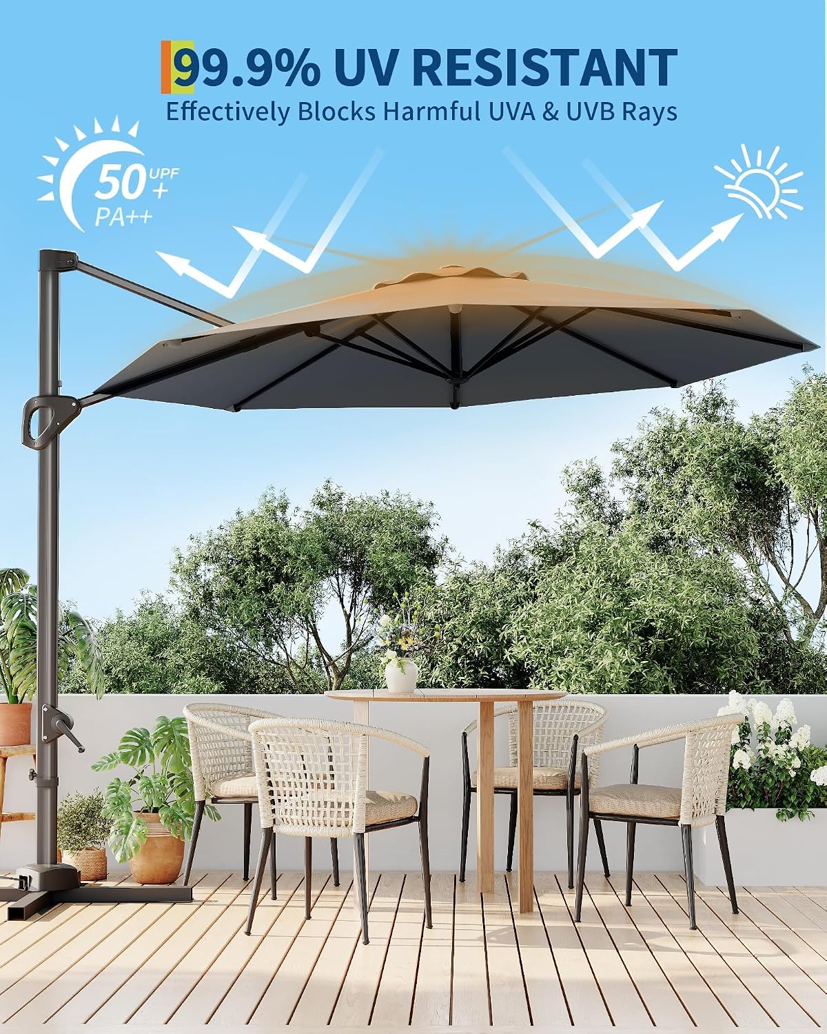 Takywep 10ft Cantilever Patio Umbrella, Outdoor Umbrella 360-degree Rotation, Solar-powered LED lights, Easy-Tilt Mechanism, for Decks, Poolside and Backyard Relaxation