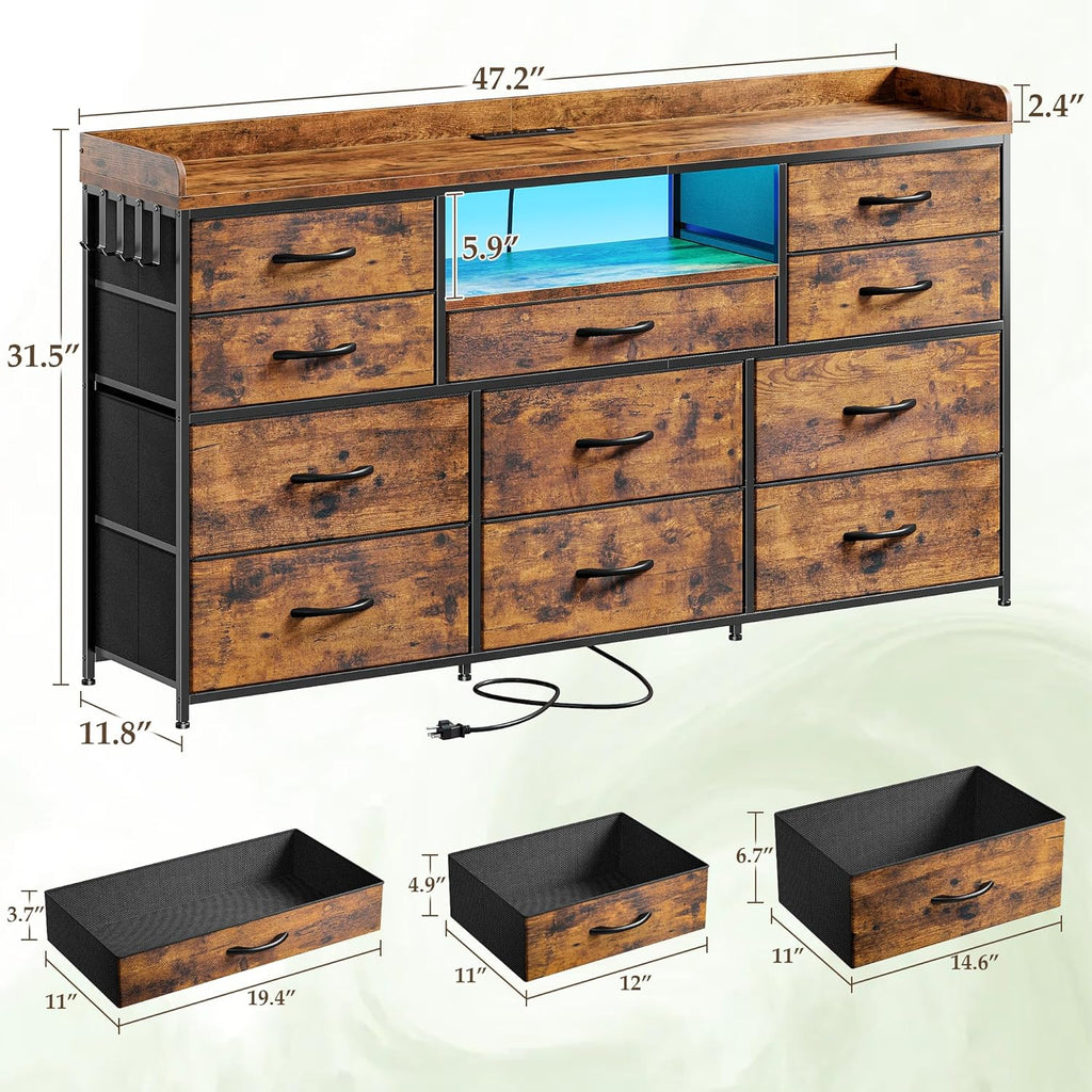 Dresser for Bedroom with LED Lights & Charging Station & 4 Hooks 11 Drawer Dressers & Chests of Drawers Long Fabric Dresser TV Stand for 60 inch TV for Entryway 11.8'D x 47.2'W x 31.5'H Rustic Brown