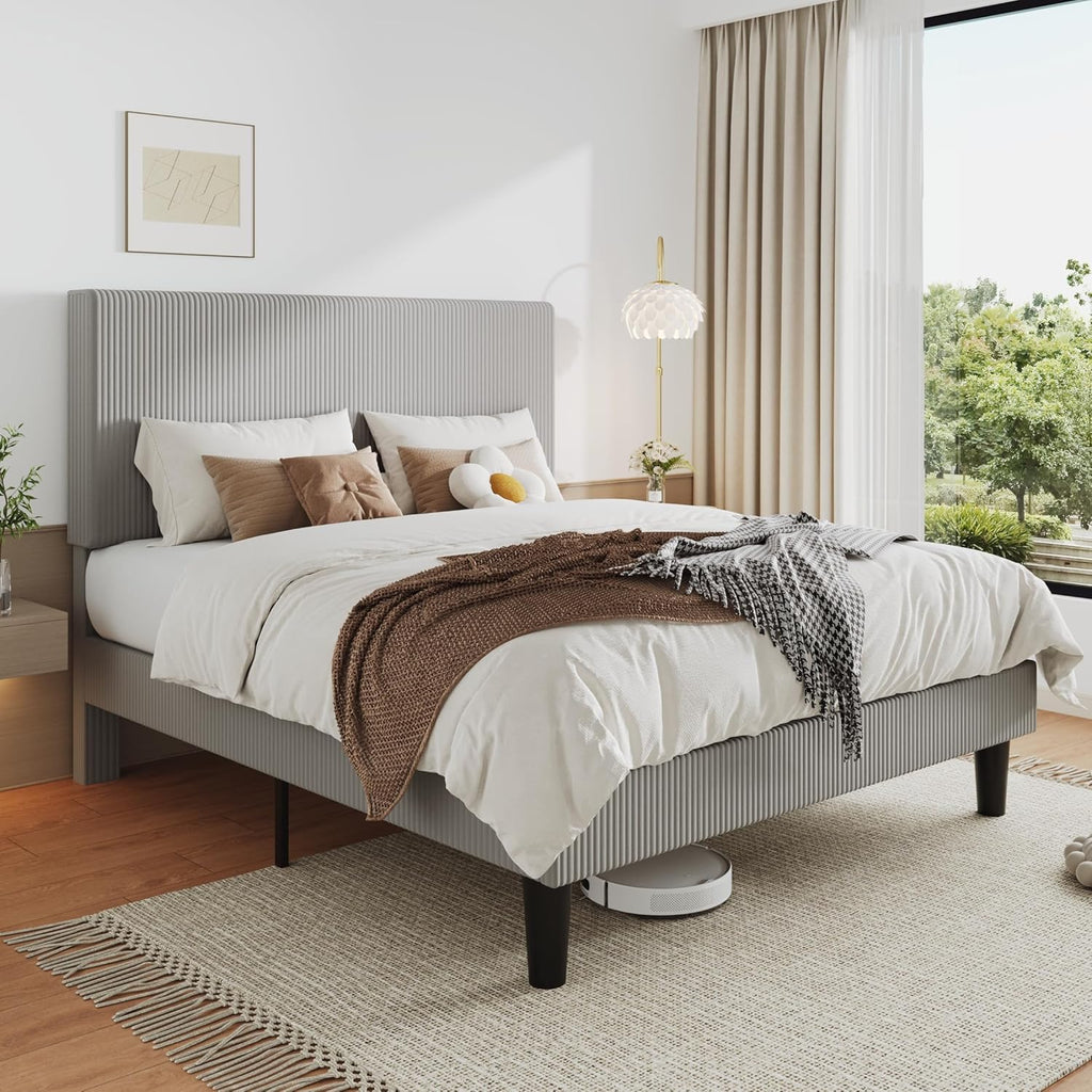 Allewie Full Size Upholstered Bed Frame with Vertical Channel Tufted Headboard, Soft Corduroy Fabric Platform Bed, Strong Wooden Slats Support, Easy Assembly, No Box Spring Needed, Light Grey
