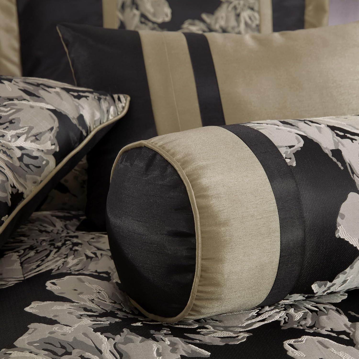 Chezmoi Collection Kelsey Comforter Set King Size, 7-Piece Black Gold Hibiscus Floral Jacquard Bedding Set