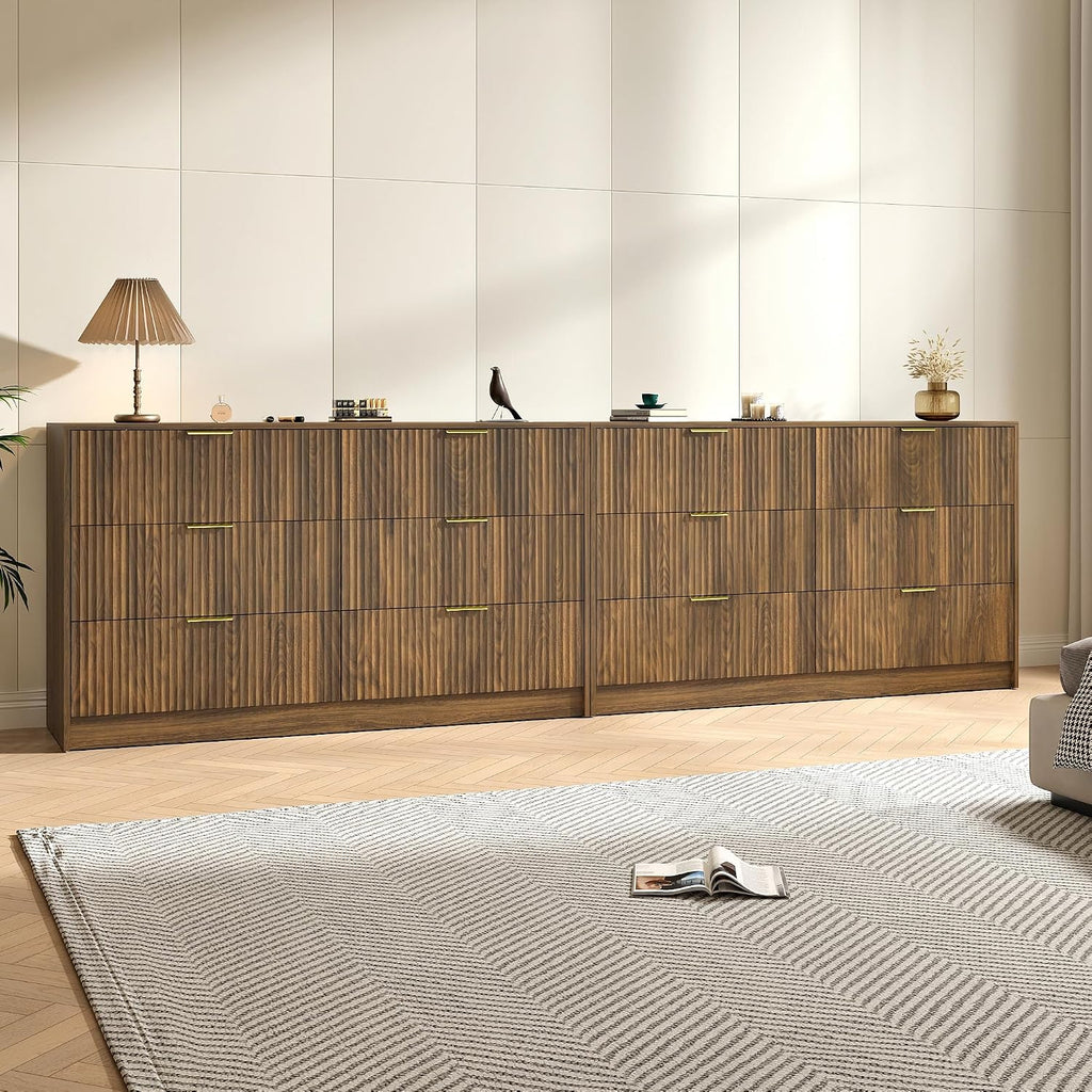 Walnut Dresser Set of 2, Long Dresser for Bedroom Wooden with 12 Drawers, Fluted Modern Bedroom Furniture Set, TV Stand Dressers & Chests of Drawers for Closet (15.7'D x 110.2'W x 31.8'H)