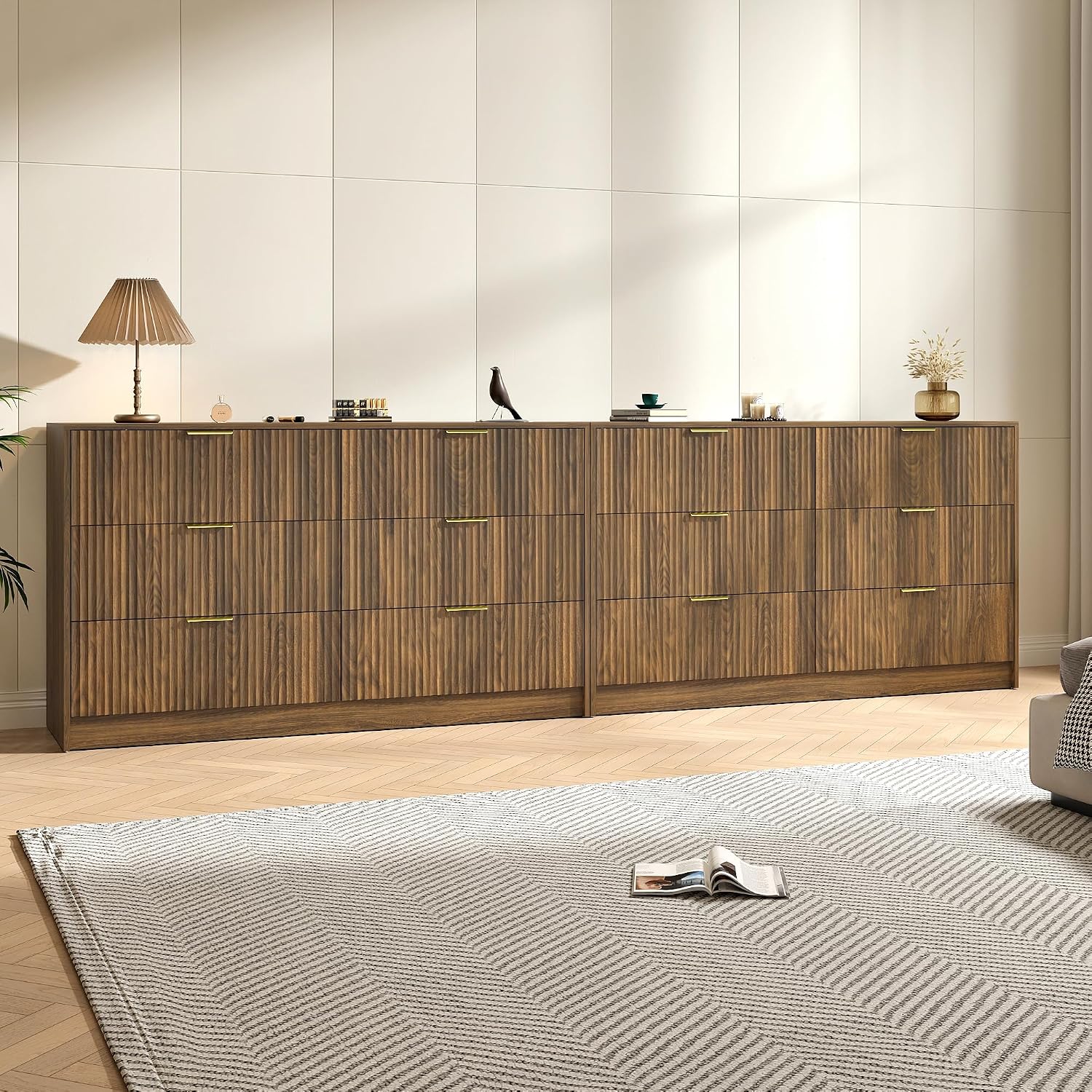 Walnut Dresser Set of 2, Long Dresser for Bedroom Wooden with 12 Drawers, Fluted Modern Bedroom Furniture Set, TV Stand Dressers & Chests of Drawers for Closet (15.7'D x 110.2'W x 31.8'H)