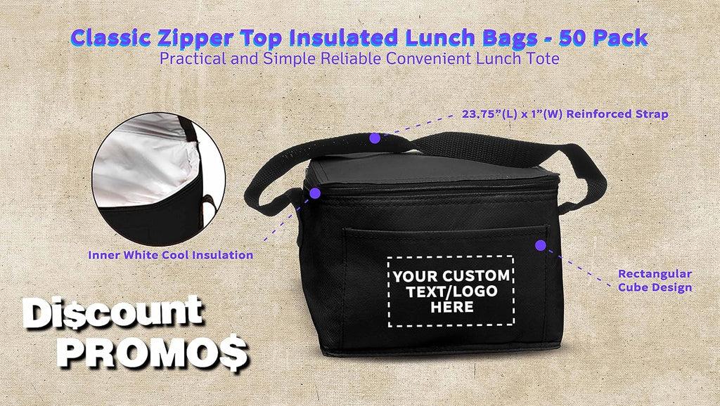 DISCOUNT PROMOS 50 Zipper Top Insulated Lunch Bags Set - Customizable Text, Logo - Non Woven, Vibrant, Black Strap - Black