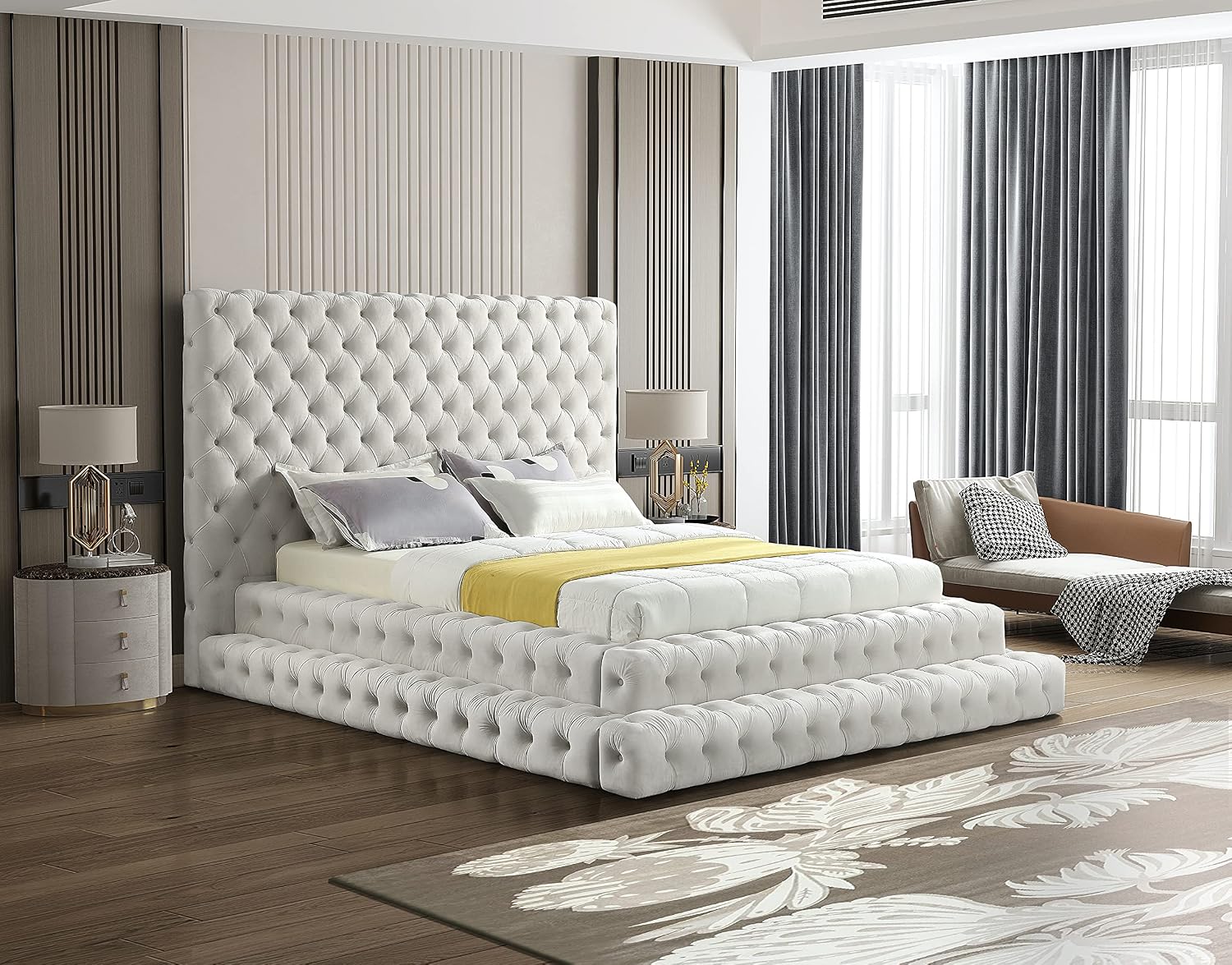 Meridian Furniture RevelCream-Q Revel Collection Modern | Contemporary Cream Velvet Upholstered Bed with Deep Button Tufting, 85' W x 98' D x 60' H, Cream, Queen
