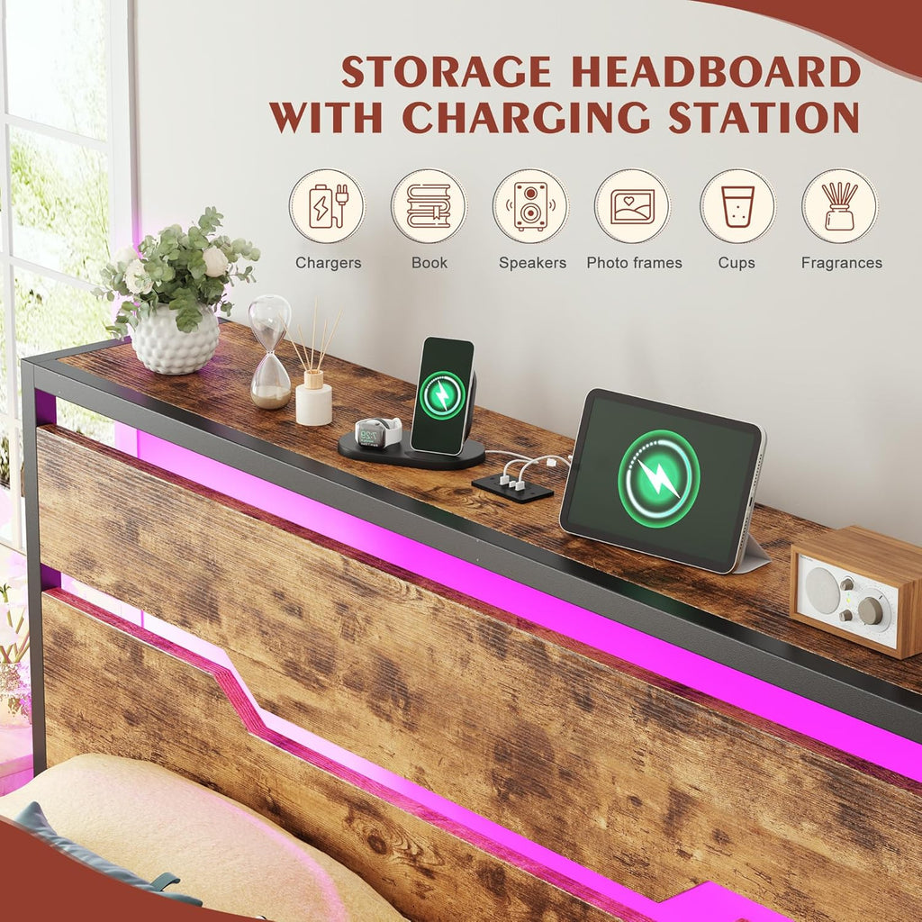 Homkdom Queen Bed Frame with LED Lights & Charging Station, Industrial Metal Platform Bed with 13' Large Under-Bed Storage, Heavy Duty Slats,Noise-Free, No Box Spring Needed,Modern Brown