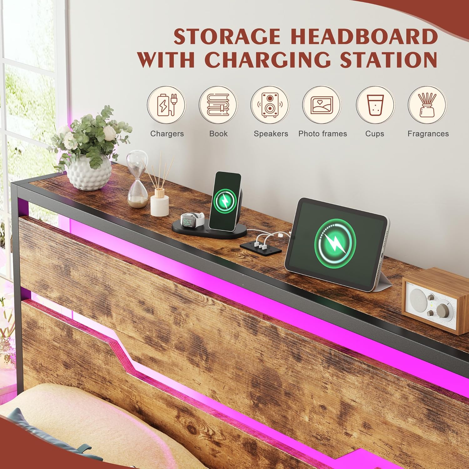 Homkdom Queen Bed Frame with LED Lights & Charging Station, Industrial Metal Platform Bed with 13' Large Under-Bed Storage, Heavy Duty Slats,Noise-Free, No Box Spring Needed,Modern Brown