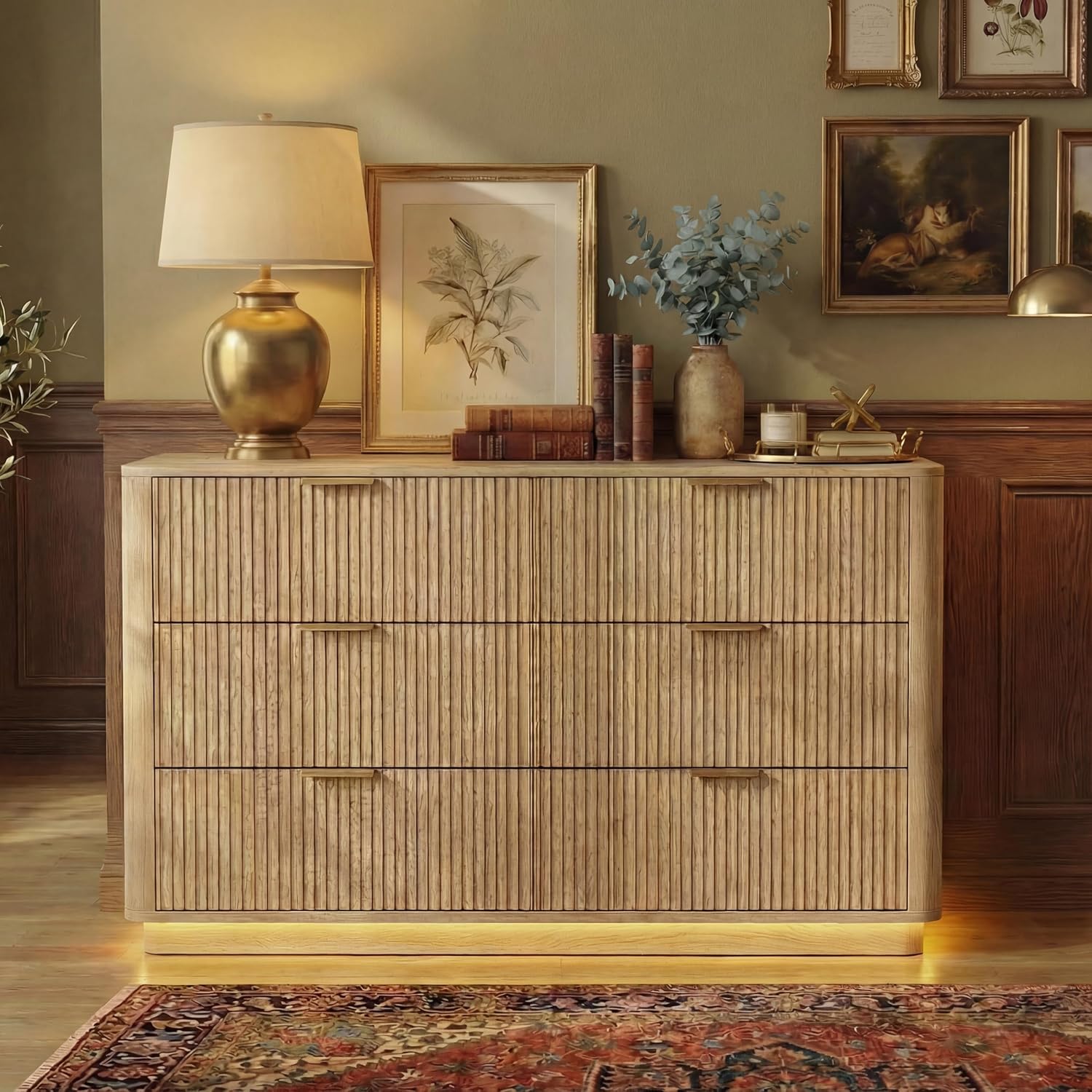 Dresser and Nightstand Sets 3 Piece, Bedroom Set with Charging Station, Large 6 Drawer Dresser for Bedroom and Night Stand Set of 2, Mid Century Modern Bedroom Furniture Set with Motion Sensor Lights