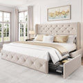 LARMACE Queen Size Bed Frame with 4 Storage Drawers and 47.2' Tall Tufted Headboard Linen Upholstered Platform Bed Frame Wingback Beds with Wooden Slats Support, Easy Assembly, Beige